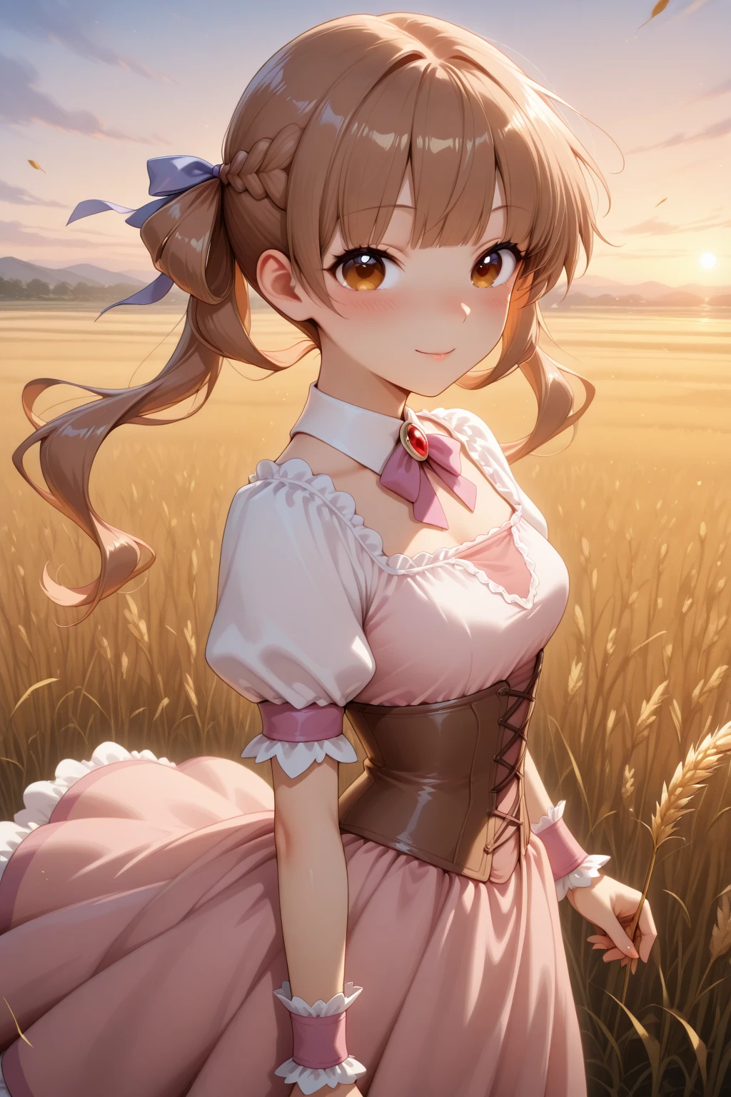 masterpiece, best quality, amazing quality, 1girl, solo, makeup, perspective, general, looking at viewer, oil painting(style), from side, far angle, dynamic angle, standing, sunset, wheat field, holding, innocent smile, dappled sunlight, wind, falling leaves, blush, hair ribbon, <lora:Sugar_Apple_Fairy_Tale_Anne_Halford:1>, Sugar_Apple_Fairy_Tale_Anne_Halford, long hair, brown hair, twintails, hair ribbon, hair rings, braid, blunt bangs, brown eyes, breasts, dress, pink dress, jewelry, puffy short sleeves, brooch, detached collar, neck ribbon, corset, wrist cuffs, frills, bowtie, <lora:wai-2Rectified-V140:1>, <lora:Arctenoxs_Refiner_LoRA:1>