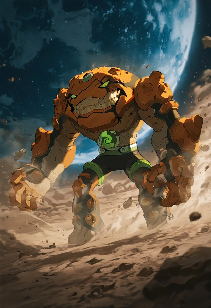 masterpiece, best quality, amazing quality, very aesthetic, absurdres, newest,, detailed background,
movie scene, cinematic scene, cinematic,
gravitack, crooked teeth, 1boy, armor, monster, green eyes, solo, massive arms, big hands,
lunar surface, moon surface, dust, planet earth, moon dust, floating rocks, smile,
