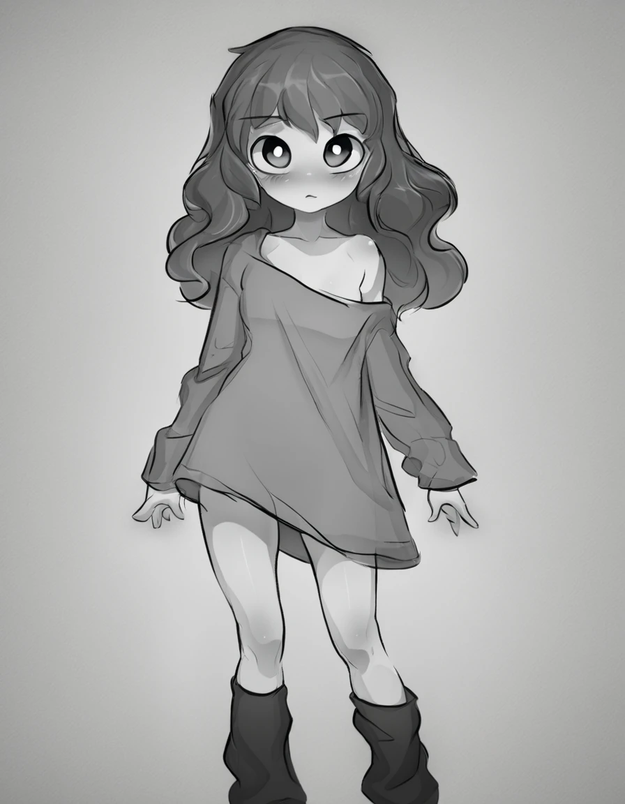 1girl,solo,2D anime style,monochrome accents,soft blush,(long wavy hair:1.1),simple white background,minimalist aesthetic,greyscale shadows,(looking at viewer:1.2),subtle nude tones (shoulders only),narrow waist,(loose oversized shirt:1.1),knee-high socks,paper texture,Rodecchi model style,clean lineart,(delicate collarbone:0.9),natural lighting,no explicit details,artistic sketch vibe,<lora:Rodecchi:1>,