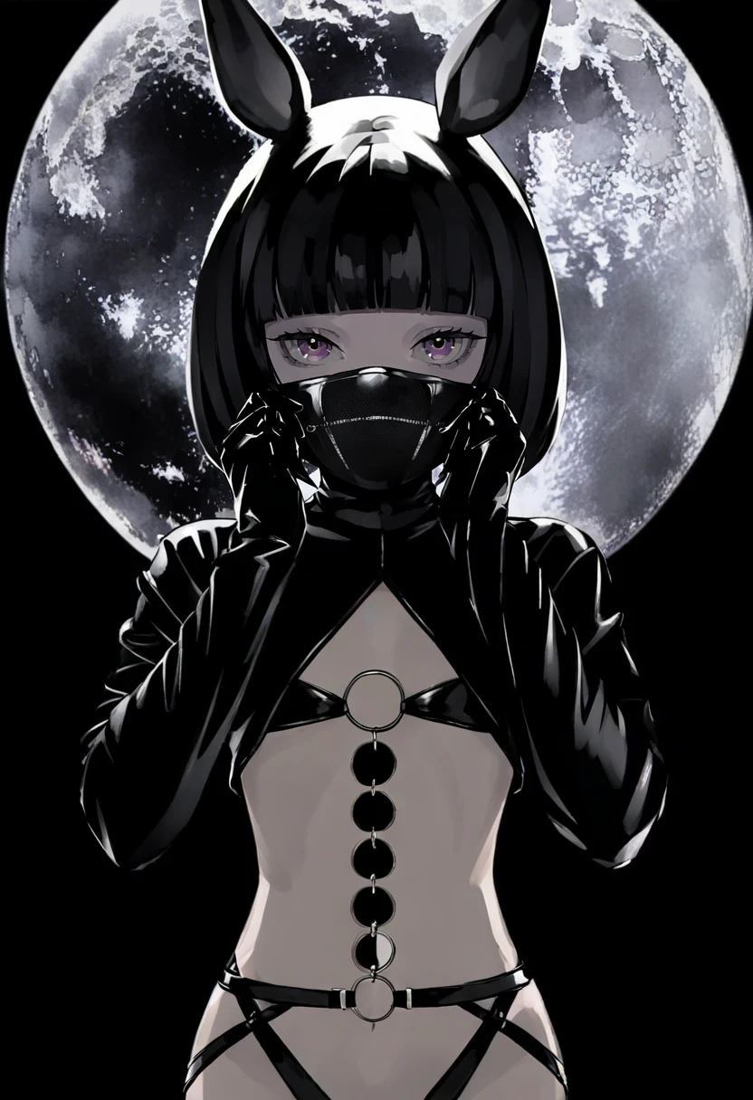 solo, 1girl, moon, full moon, animal ears, black hair, looking at viewer, mask, short hair, bangs, purple eyes, gloves, navel, black gloves, o-ring, blunt bangs, bob cut, mouth mask, black background, horse ears, long sleeves, black theme, hands up, night <lora:LAMXL_NBVP1_lokr_V6311PZ:0.95>