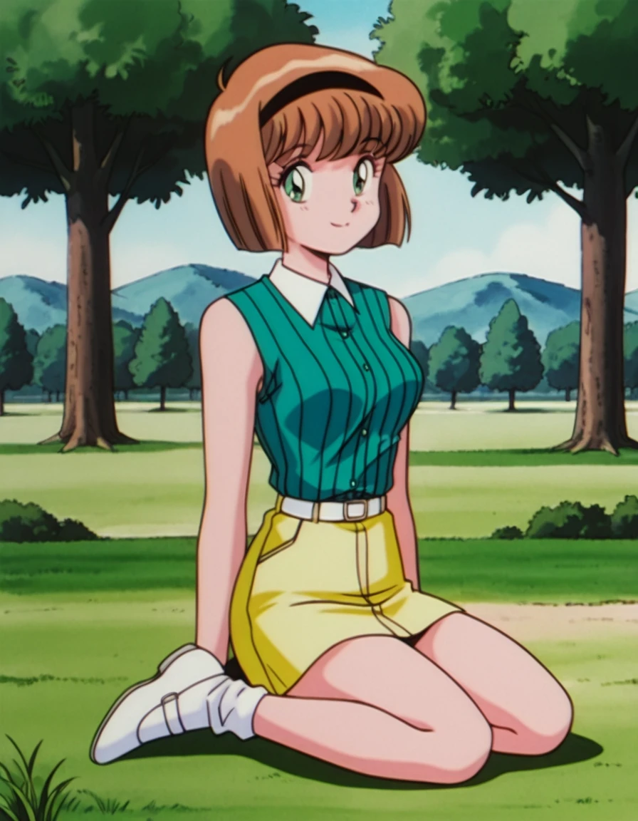 detailed background, detailed face, retro style , <lora:Miki_Hosokawa_-_Jigoku_Sensei_Nube:1>,1girl, solo, arms behind, Miki H, brown hair, short hair,bangs, green eyes, black hairband, large breast, slim waist, wgreen striped shirt, sleeveless shirt, white collar, yellow skirt, white shoes, park background .big trees, grass, sky, day, outndoors, smile, closed mouth, seductive, looking at viewer