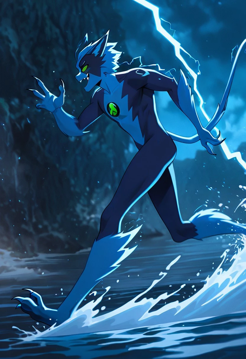masterpiece, best quality, amazing quality, very aesthetic, absurdres, newest,, detailed background, 
((digitigrade legs, ))
fastrack, solo, blue skin, green eyes,  claws, green badge, fang,, feline tail,  wide jaw, masculine, blue chest,
on water, splashing water,   motion, smile, FlashSpeed, running, electricity, side view,