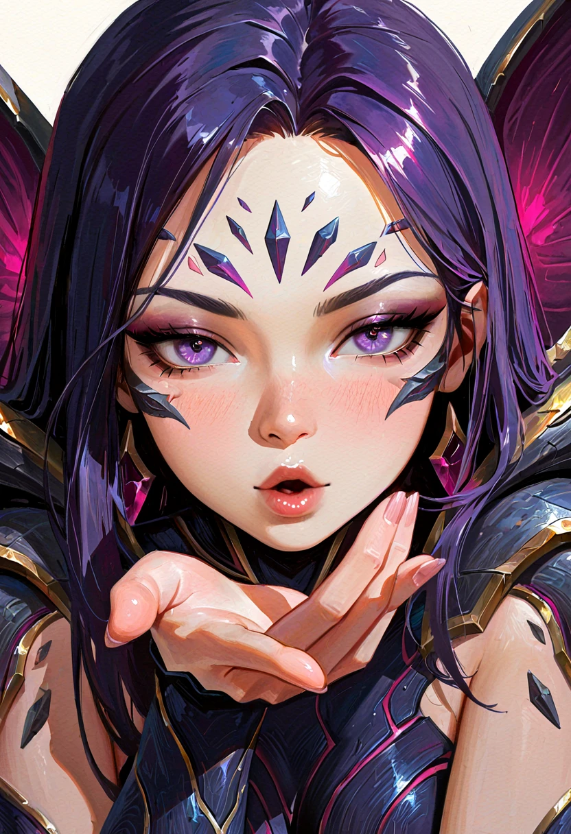 (masterpiece, best quality, high resolution, absurdres, newest,very aesthetic, amazing quality,impressionism style, ,Fabulous artwork,Volumetric image,),
naranbaatar, masterpiece, semirealism, painterly, best quality,, detailed face, detailed eyes, solo, Kai'Sa \(lol\), purple hair, leaning close to viewer, blowing a kiss ,