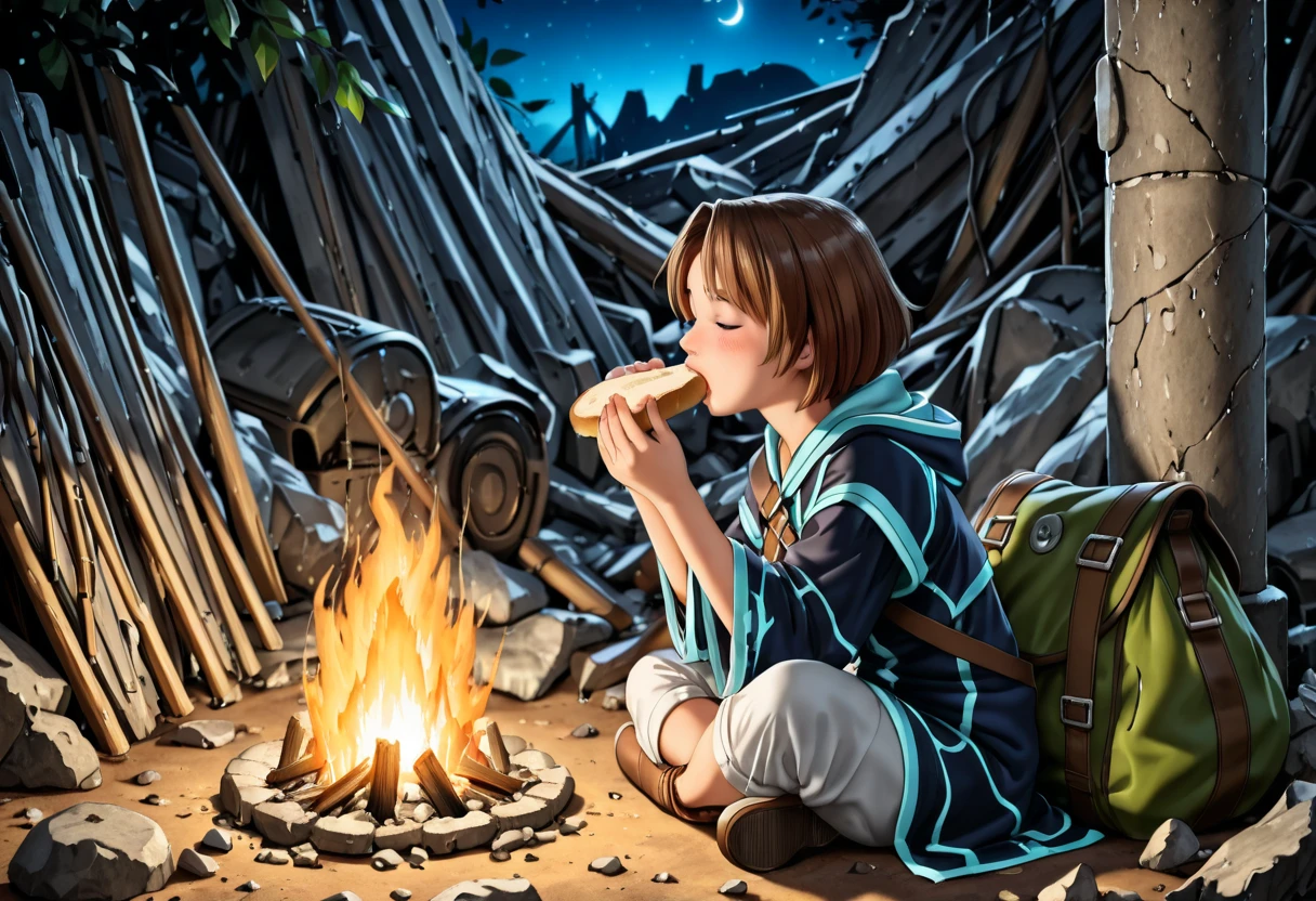 realistic,
photograph,
1girl,teen,solo,from side,
dark Night,
short hair,
robe,
big eating,
hold both hands bread,
bite,
stuff cheeks,
fantasy,
dewprism,
closed eyes,
blush,heart,
sitting pillar of rubble,
indian style,
ruins,
camping equipment,
cowboyshot,
looking at viewer,
camping equipment,
camping meal,
big bag,
best hands,
five finger,
anime,
masterpiece,
best quality,
amazing quality,
ultra detailed,
hyper detailed,
4k,
sfw