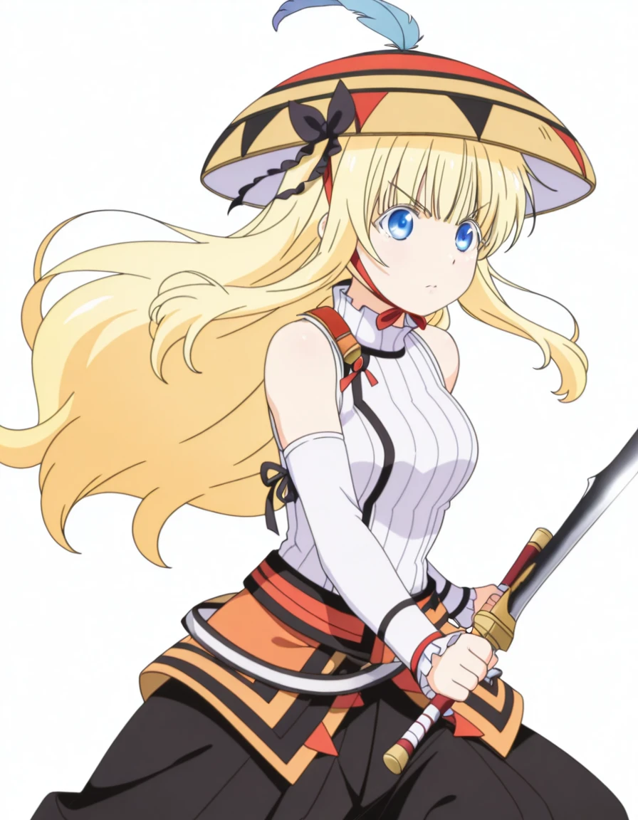 masterpiece, best quality, amazing quality,, <lora:juliet-persia-s1-illustriousxl-lora-nochekaiser:1>, juliet persia, long hair, bangs, blue eyes, blonde hair, black ribbon, black bow, hair ribbon, hair bow, mature female, medium breasts, anime screencap, <lora:yukumo-armor-illustriousxl-lora-nochekaiser:1>, yukumo armor, yukumo (armor), hat, feather, bare shoulders, chin strap, detached sleeves, hakama, hakama skirt, hat feather, japanese clothes, ribbed sweater, skirt, sleeveless, sleeveless turtleneck, sweater, turtleneck,, <lora:dynamic-pose-illustriousxl-lora-nochekaiser:1>, dynamic pose, holding weapon, weapon, holding, dual wielding, cowboy shot, ,