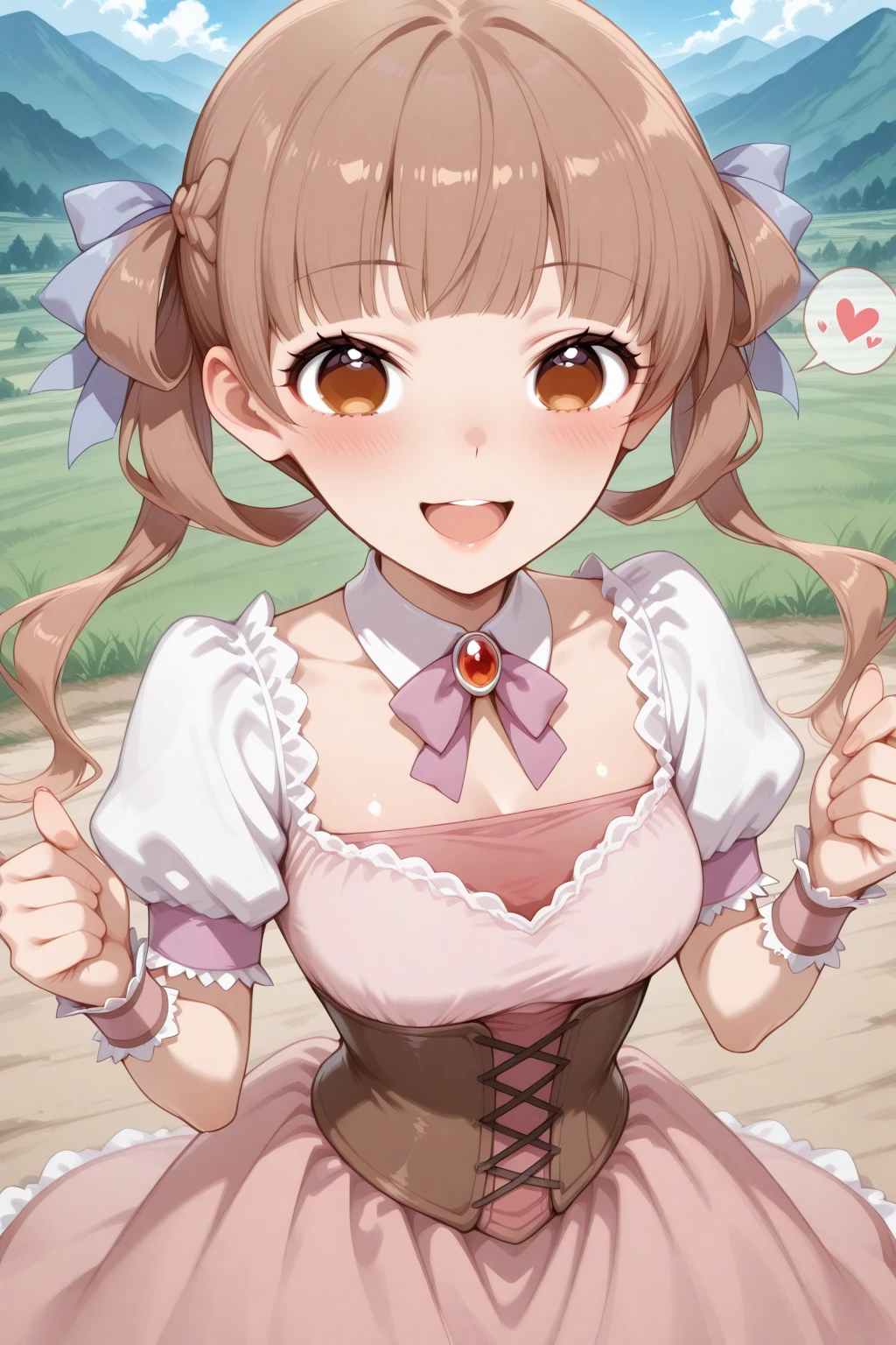 masterpiece, best quality, amazing quality, 1girl, solo, makeup, perspective, general, looking at viewer, cowboy shot, dynamic angle, hill, hands up, spoken heart, open mouth, smile, blush, <lora:Sugar_Apple_Fairy_Tale_Anne_Halford:1>, Sugar_Apple_Fairy_Tale_Anne_Halford, long hair, brown hair, twintails, hair ribbon, hair rings, braid, blunt bangs, brown eyes, breasts, dress, pink dress, jewelry, puffy short sleeves, brooch, detached collar, neck ribbon, corset, wrist cuffs, frills, bowtie, <lora:wai-2Rectified-V140:1>, <lora:Arctenoxs_Refiner_LoRA:1>