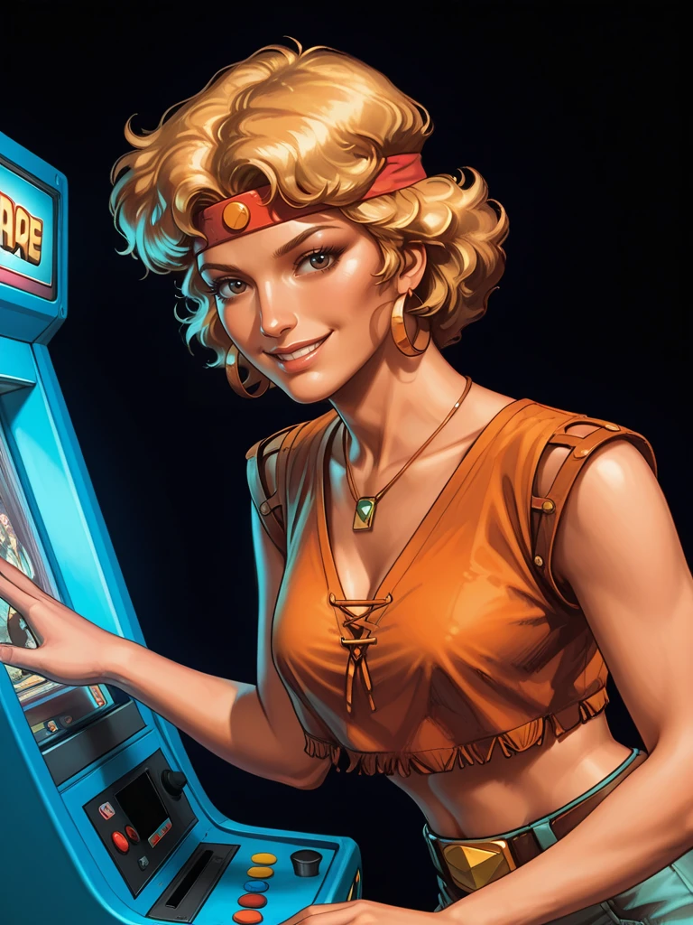 <lora:Fejyelsae__Classic_Dungeons__Dragons:0.7> fejyelsae,,short hair, blonde hair, headband,, necklace, jewelry,,midriff,,
solo, in a 1980s arcade, video arcade machine, smiling, flirting, looking at viewer