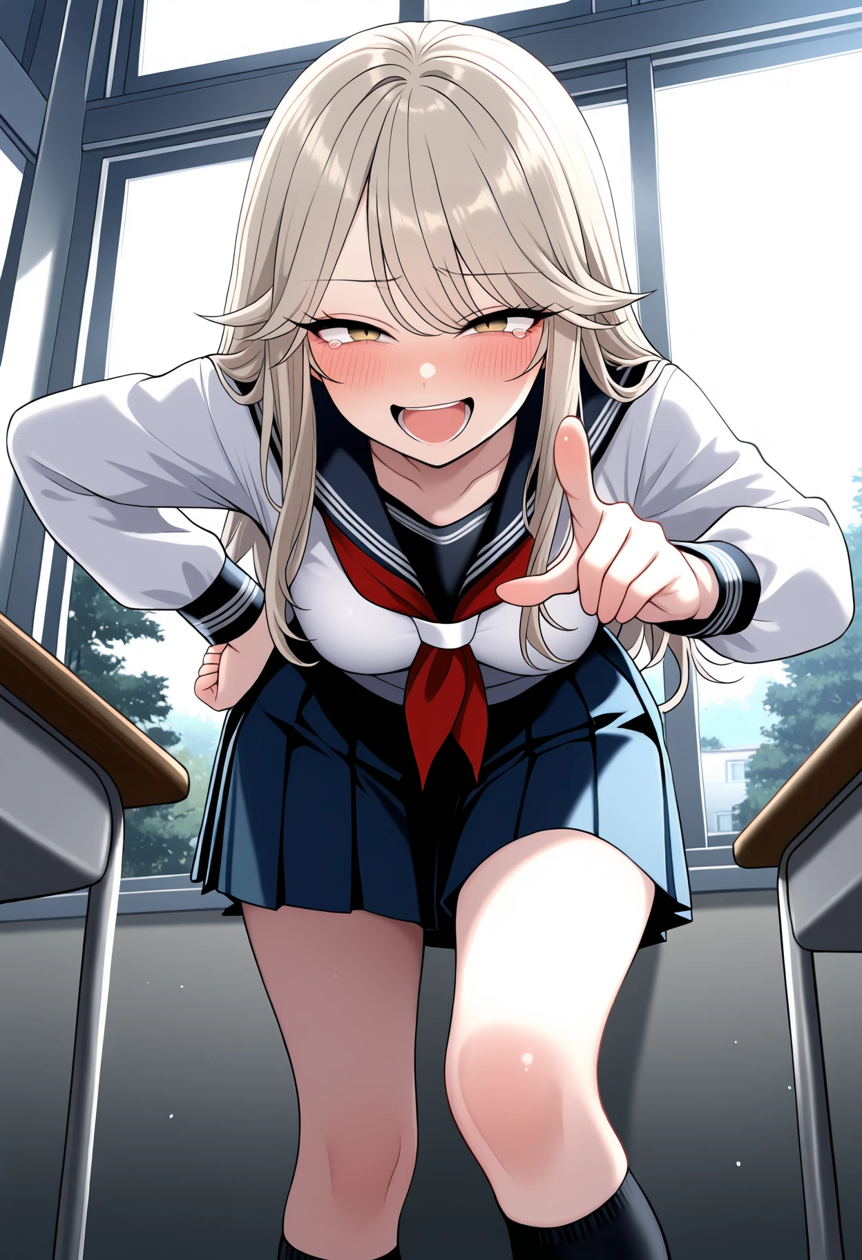 (masterpiece:1.2, top-quality), beautiful illustration, NSFW, looking at viewer:1.1, cowboy shot, from above, 1 girl, japanese, high school girl, perfect face, cute and symmetrical face, shiny skin, (long hair:1.8, straight hair:1.7, shiina mahiru), asymmetrical bangs, (large breasts:1.1, thick thigh, beautiful hair, beautiful face, beautiful eyes, closed eyes, tongue, open mouth, beautiful clavicle, beautiful body, beautiful chest, beautiful thigh, beautiful legs, beautiful fingers, ((school uniform, pleaded skirt, white panties, white thighhighs, visible panties, skirt lift)), (((vibrator in thighhighs:1.2, thighvibe:1.3))), (choker, flower hair ornament), ((fitting room, looking away, moaning, ahegao, wet floor, acting cute, moaning expression)), (holding hands, holding one hand, pov hands, seducing, blush)