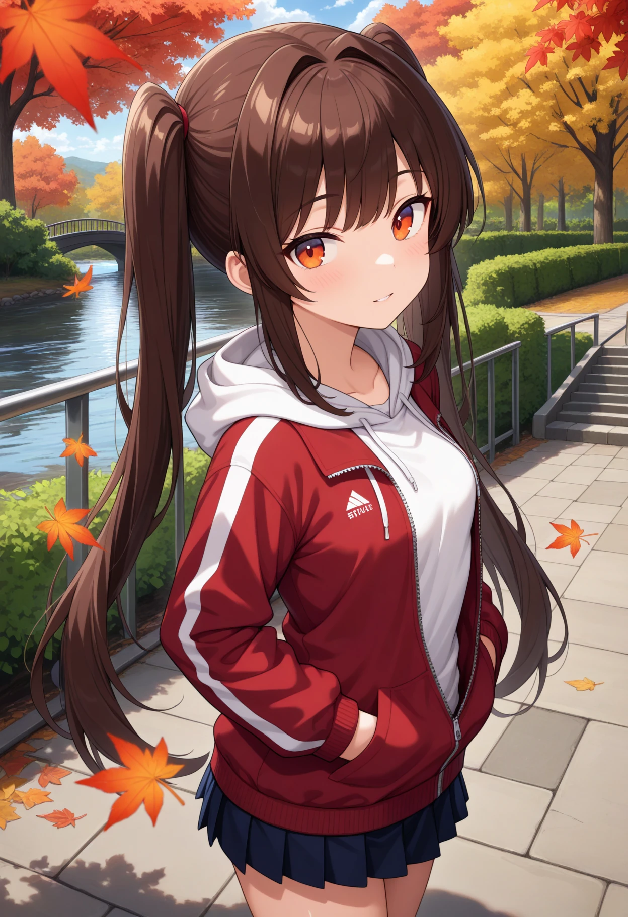 masterpiece, best quality, absurdres, very aesthetic, general,
1girl, solo, twintails, brown hair, looking at viewer, pleated skirt, long hair, hood, outdoors, autumn leaves, hands in pockets, tree, leaf, long sleeves, hood down, bangs, red jacket, parted lips, blush, red eyes, sidelocks, railing, day, maple leaf, autumn, hooded jacket, white shirt, standing, black skirt, cowboy shot, miniskirt, hoodie, zipper pull tab, drawstring, track jacket, zipper, fence, eyebrows visible through hair, red hoodie, falling leaves, park, bush, sky, road, closed mouth, sunlight, very long hair, bridge, blue sky, hooded track jacket, hands in pocket, river, open jacket, eyebrows behind hair, pavement, double vertical stripe, hand in pocket, blue skirt, shiny hair, small breasts, hair intakes, cloud, white hoodie, orange eyes, looking to the side, sidewalk, pocket, stone stairs, light blush, light smile,