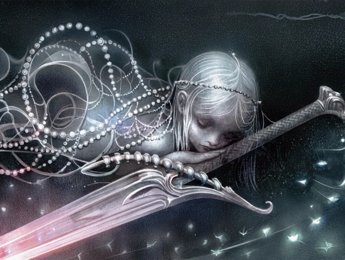 Seb Mckinnon illustration style. Pale young girl ghost resting on a great sword. The ghost has a wreath of beads on her head and she appears to be appears to be tenderly holding the sword by the hilt.