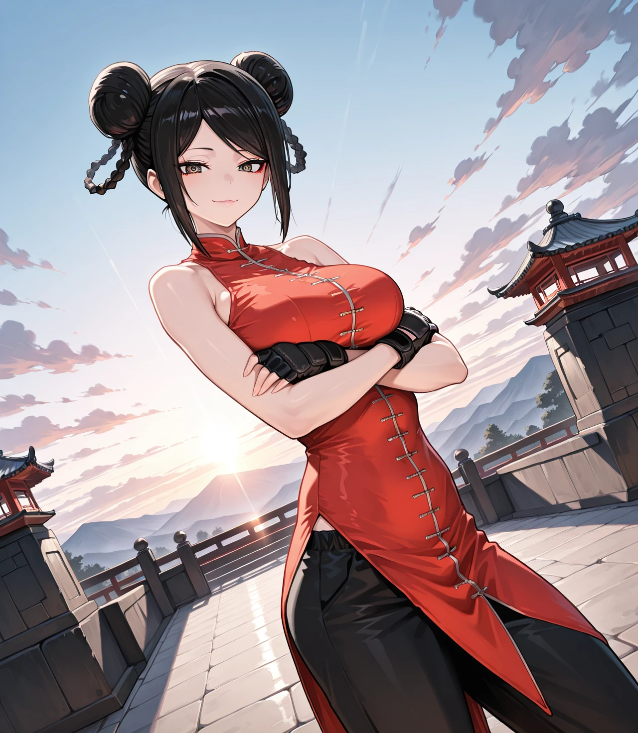 Indonesian teenage girl. White skin. Rookie martial artist. Indonesian silat. Red silat outfit. Flat chest. Brown hair. At the temple. Beautiful teenage face. Cute smile.
