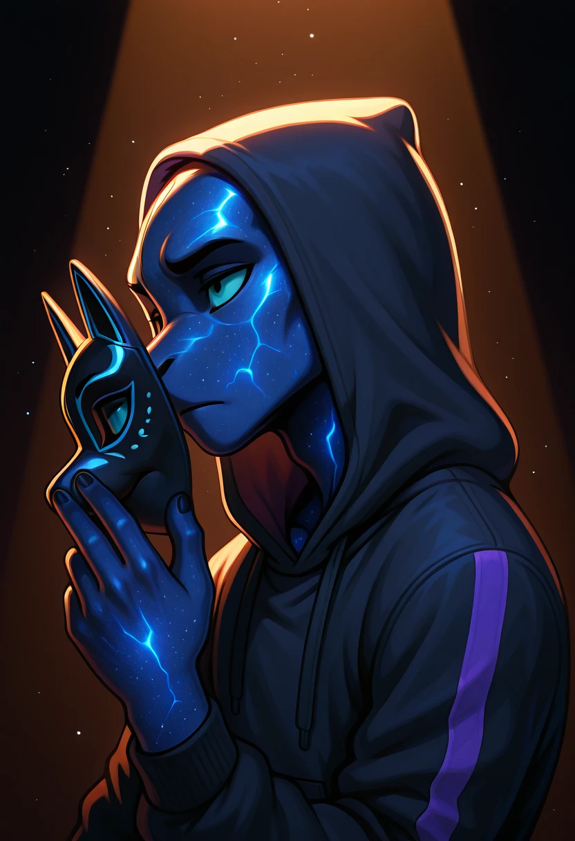 StellarPulse, blue skin, masterpiece, best quality, amazing quality, very aesthetic, absurdres, newest, solo, male_focus, hoodie, masquerade_mask, half_masked_face, (holding_mask:1.2), mysterious_expression, backlight, smoky_background, dramatic_lighting, soft_shadows, stylish_male, glowing_particles, ambient_occlusion, spotlight_effect,(close-up head:1.7), side view, hood up