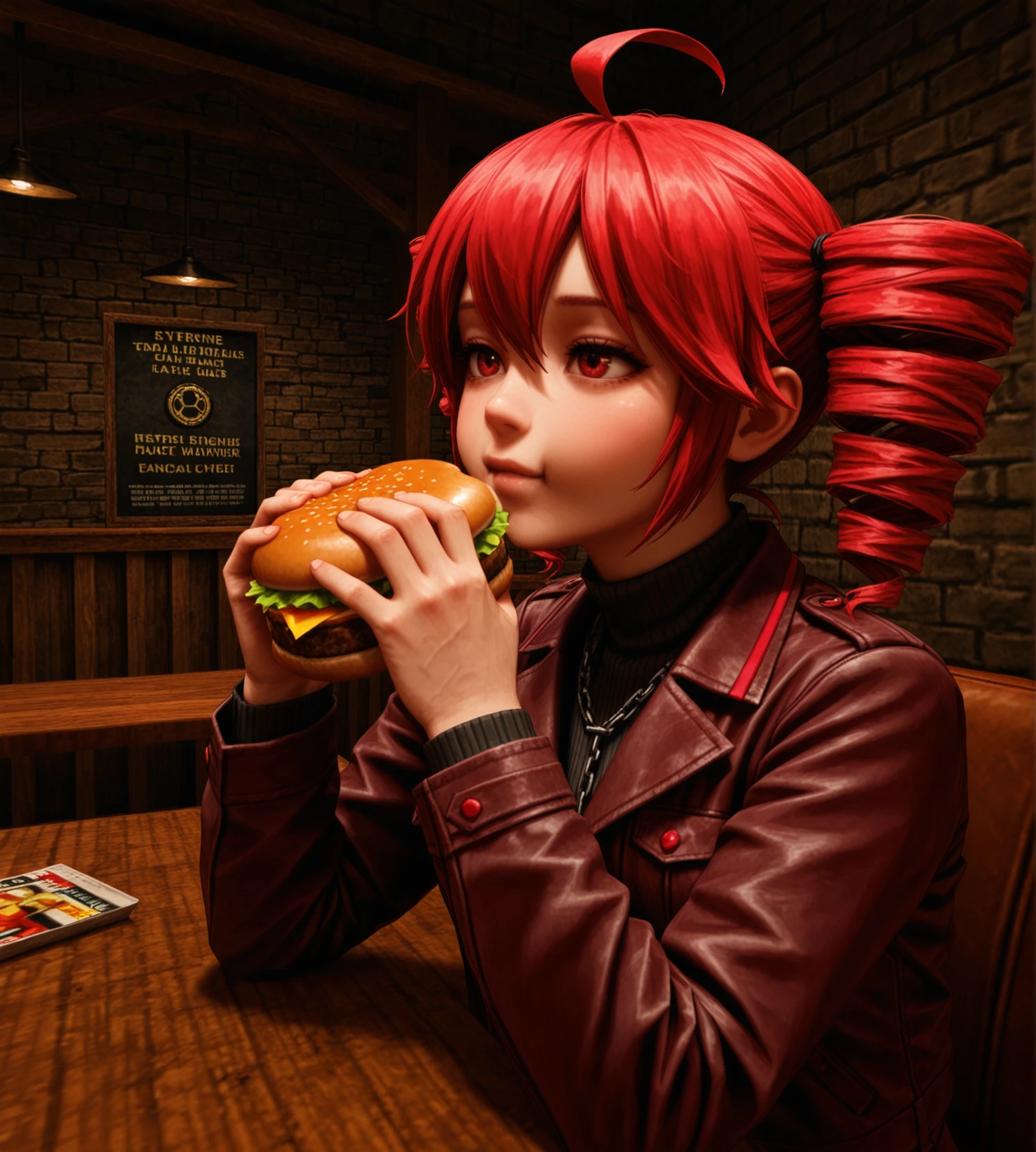 kingpin, realistic, masterpiece, best quality, amazing quality, realism, hyperrealistic, cinematic lighting, extreme close-up, upper body, kasane teto, solo, leaning on metal railing, intense expression, confident eyes, old worn brown leather jacket, black turtleneck, brown pants with chain accessory, black boots, bar (place), brick wall, wooden interior, wooden table, old worn out leather sofa, eating burger, <lora:dmd2_sdxl_4step_lora:1> <lora:Kingpin_-_Life_of_Crime_Style_E17_DIM16_ILXL_V1.2:0.8>