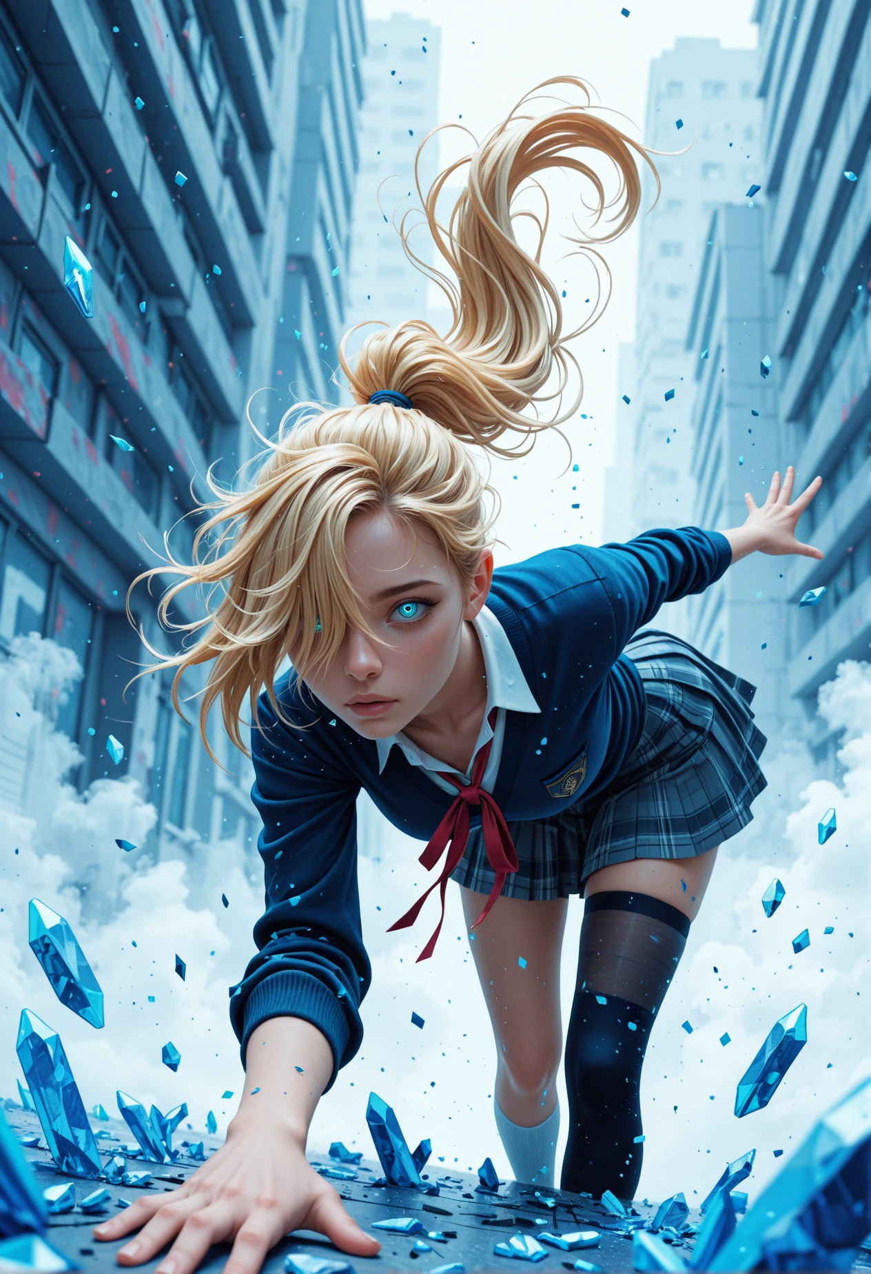masterpiece, detailed_eyes, high_quality, best_quality, highres, subject_focus, depth_of_field, 
Limited Palette,monochromatic colors, glitch art, blue,
solo, 1girl, woman, blonde, floating hair, long hair, messy hair, asymmetrical bangs, hair over eye, ponytail,
school uniform, single_thighhigh,
fog, fragments, crystals, floating fragments, front particles,
motio, dynamic angle, reaching hand, sultry gaze, face_focus, bedroom_eyes, bent_over,