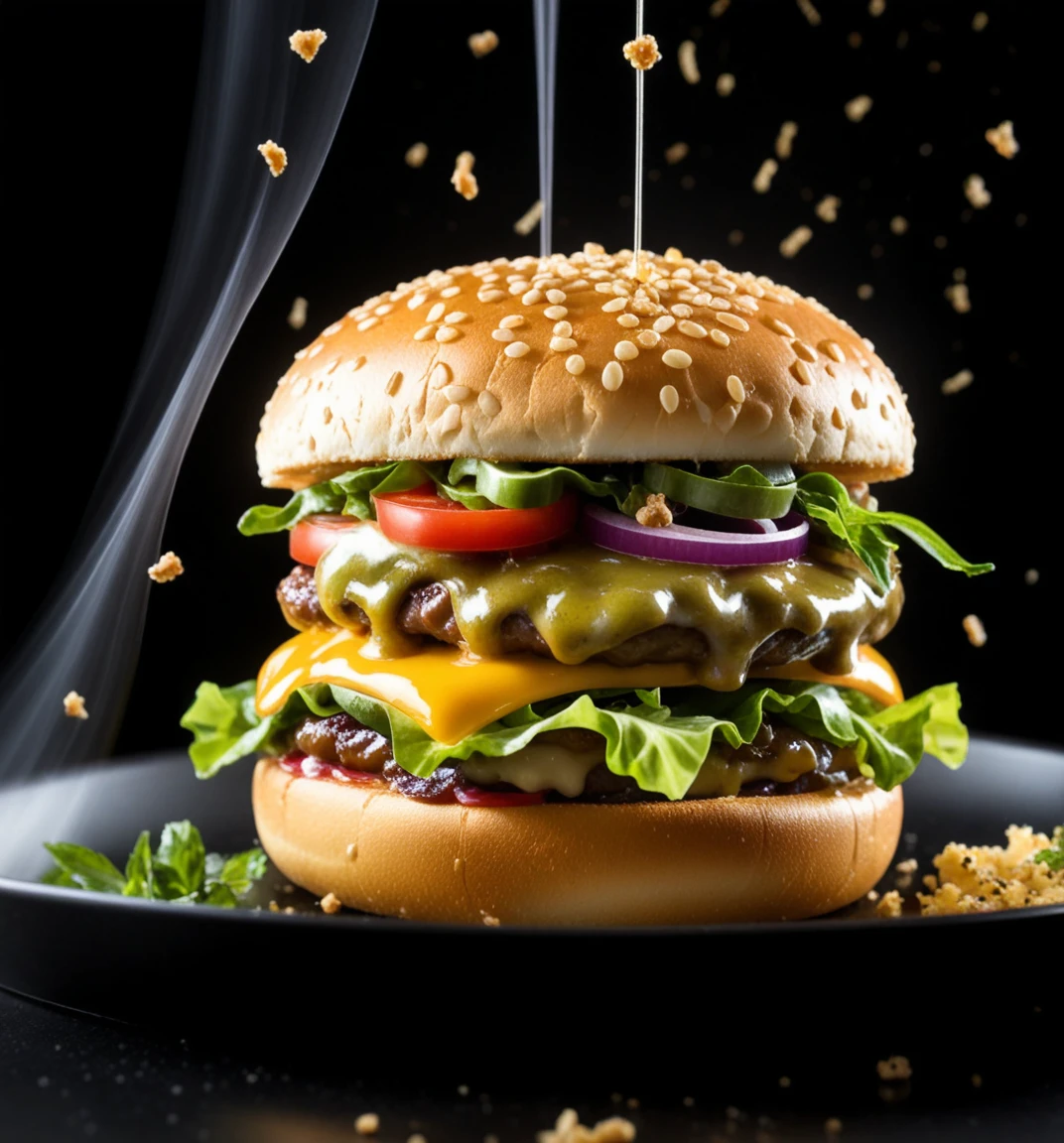 A mouth-watering giant cheeseburger captured flying mid-air in a dramatic 1:1 frame â each ingredient suspended with hyper-realistic textures, glossy highlights, and floating crumbs. Exploding herbs, seasoning flakes, and dripping sauces enhance the motion. HDR cinematic lighting, studio shadows, steam wisps, and glowing particles fill the scene. Velvet dark background, macro lens, 8K food photography â a surreal and delicious visual masterpiece.