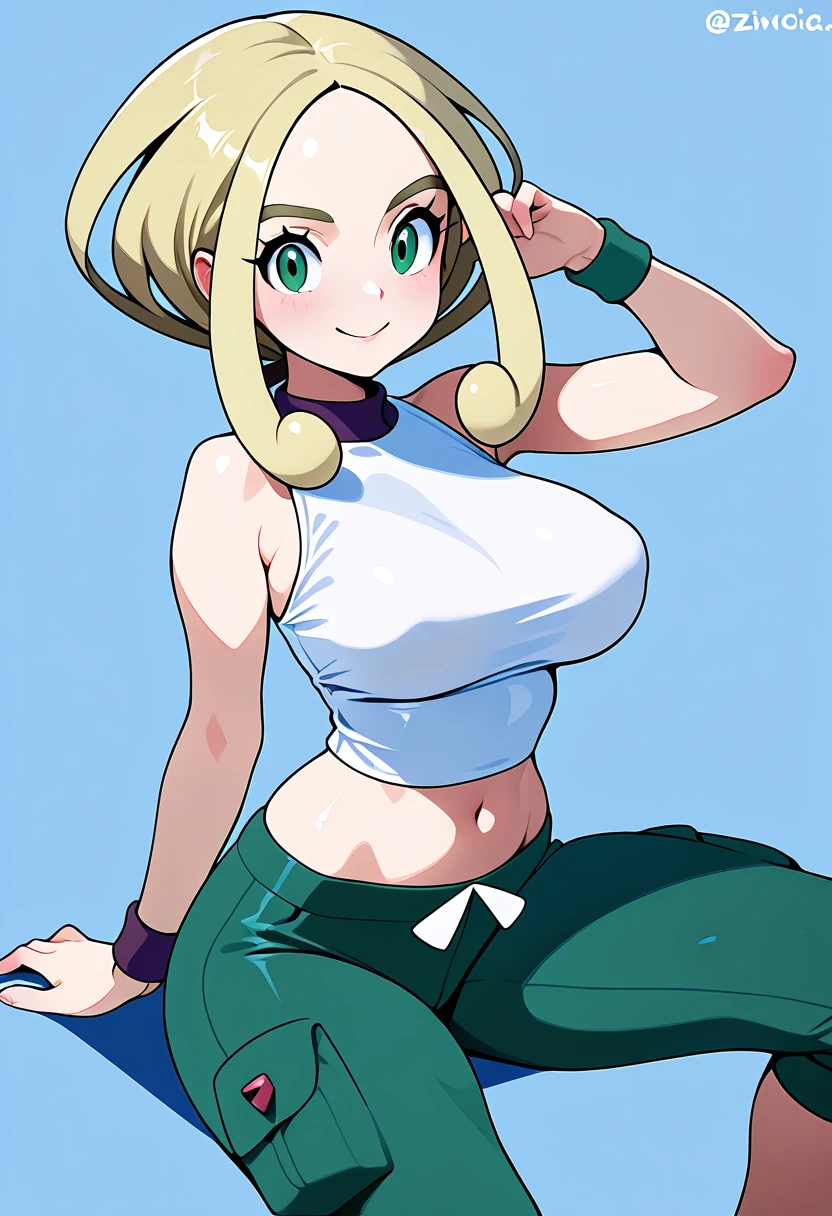 masterpiece, best quality, solo, curvy, beautiful eyes, narrow waist, 1girl, solo, smile, looking at viewer, zzViola, viola (pokemon), green eyes, eyelashes, thick eyebrows, blonde hair, short hair, parted bangs, sidelocks, sleeveless shirt, white shirt, wristband, green pants, midriff, <lora:ViolaPokemonIXL:1.0>,squatting, dynamic pose, cowboy shot, playful expression, looking at viewer,