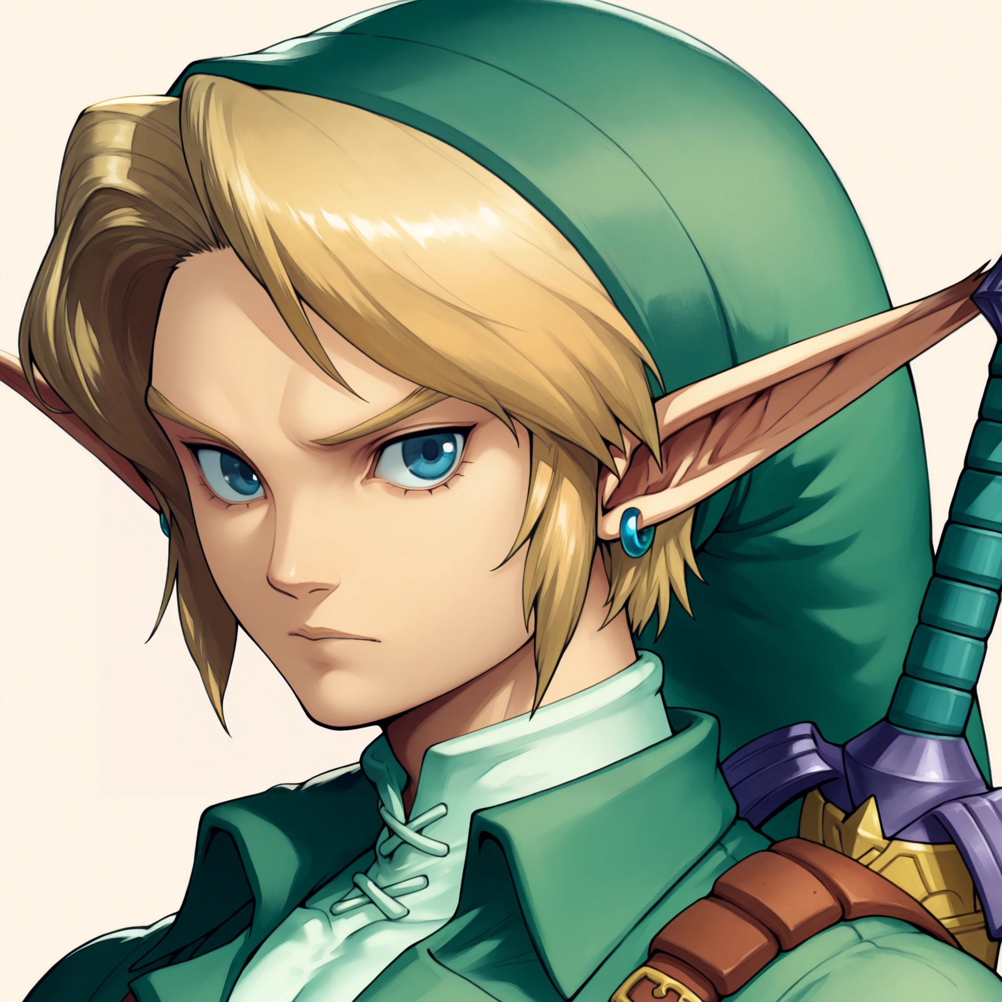 masterpiece, best quality, solo, 1boy, from side, looking at viewer, <lora:Metaphor-portraits-illus_Fp:1>, simple background, portrait, <lora:n64link-illu-nvwls-v1:1>, ootl1nk, blonde hair, blue eyes, pointy ears, earrings, green headwear, pointy hat, green tunic, white bodysuit, bodysuit under clothes, harness, sword on back