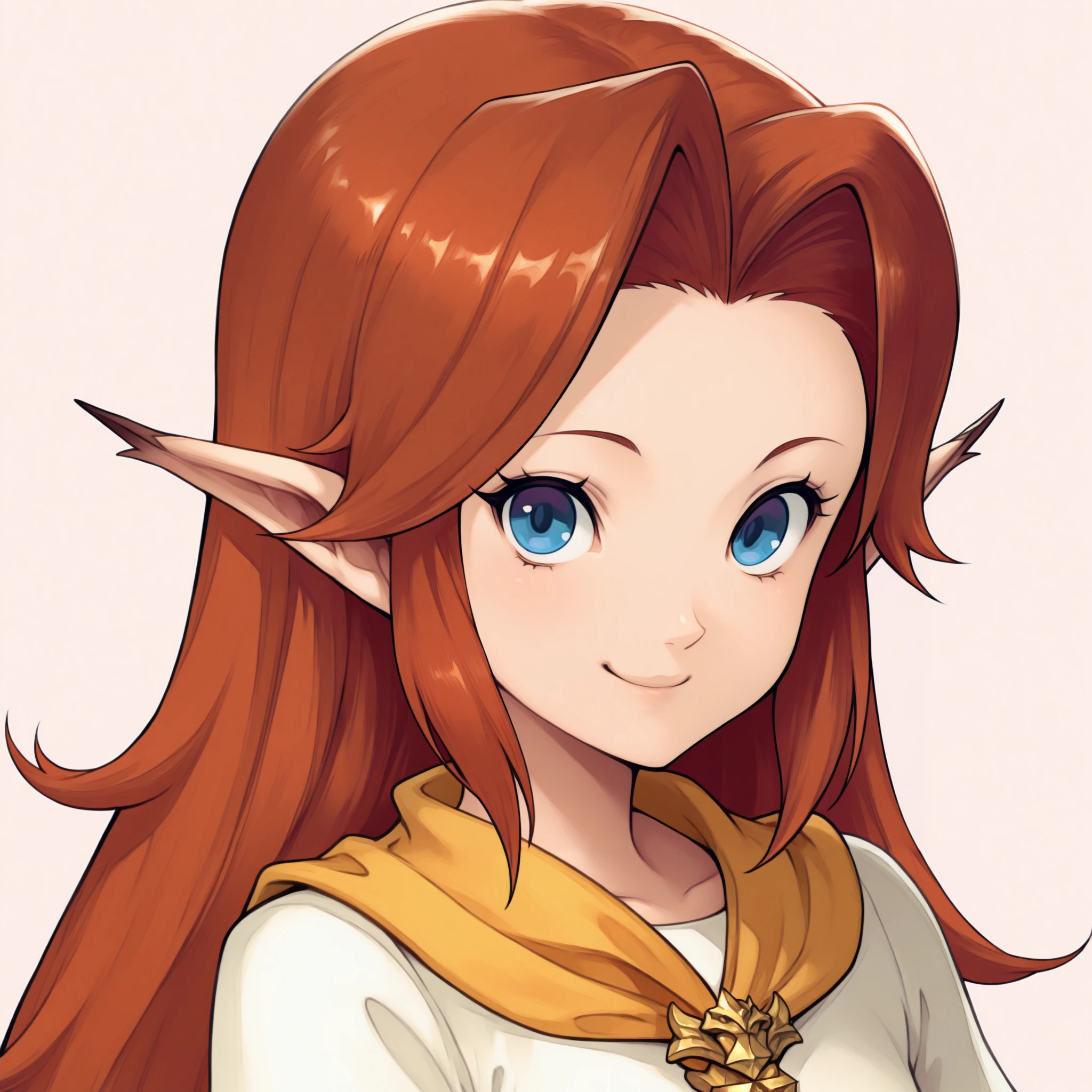 masterpiece, best quality, solo, 1girl, smile, looking at viewer, <lora:Metaphor-portraits-illus_Fp:1>, simple background, portrait, <lora:malon-illu-nvwls-v1:1>, mal0n, auburn hair, long hair, pointy ears, blue eyes, yellow neckerchief, gold brooch, white shirt, short sleeves, long skirt, purple skirt, brown apron,