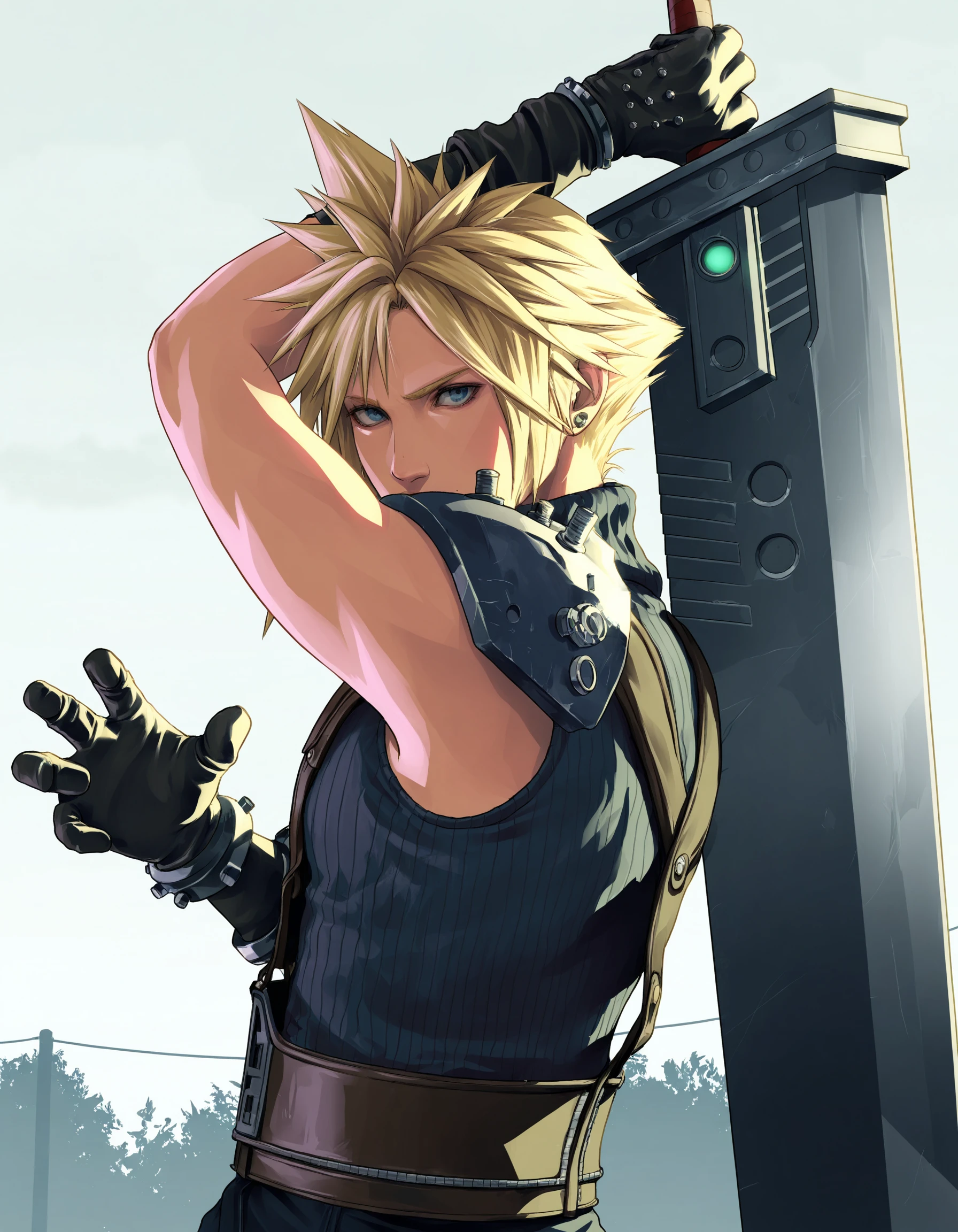 (masterpiece, shaded) gta6style, digital art, detailed background, cloud strife, grey background, upper body, buster sword, grey sky, holding sword, action pose <lora:GTA6 Key Art Style NoobA:1>