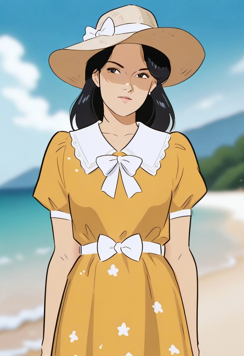 safeingg, masterpiece,best quality,amazing quality,solo, woman, nice eyes, masterpiece,best quality,amazing quality, SayHonami , yellow dress, Hat , white bow shirt, retro artstyle, in beach
, impressionism 1.5, high detail, depth of field, blurred background, dramatic lighting, outdoors, ,SmoothNegative_Hands