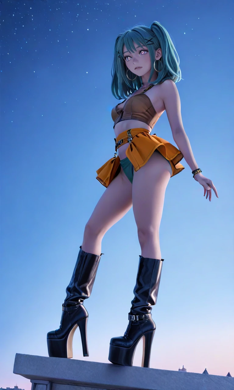 a cartoon girl in front of an illuminated castle night background, 1girl, jewelry, solo, hoop earrings, sky, star (sky),1girl, twintails, medium hair, teal hair, white eyes,x hair ornament,brown crop top, green panties, orange skirt, midriff, high heel boots, platform footwear,black footwear