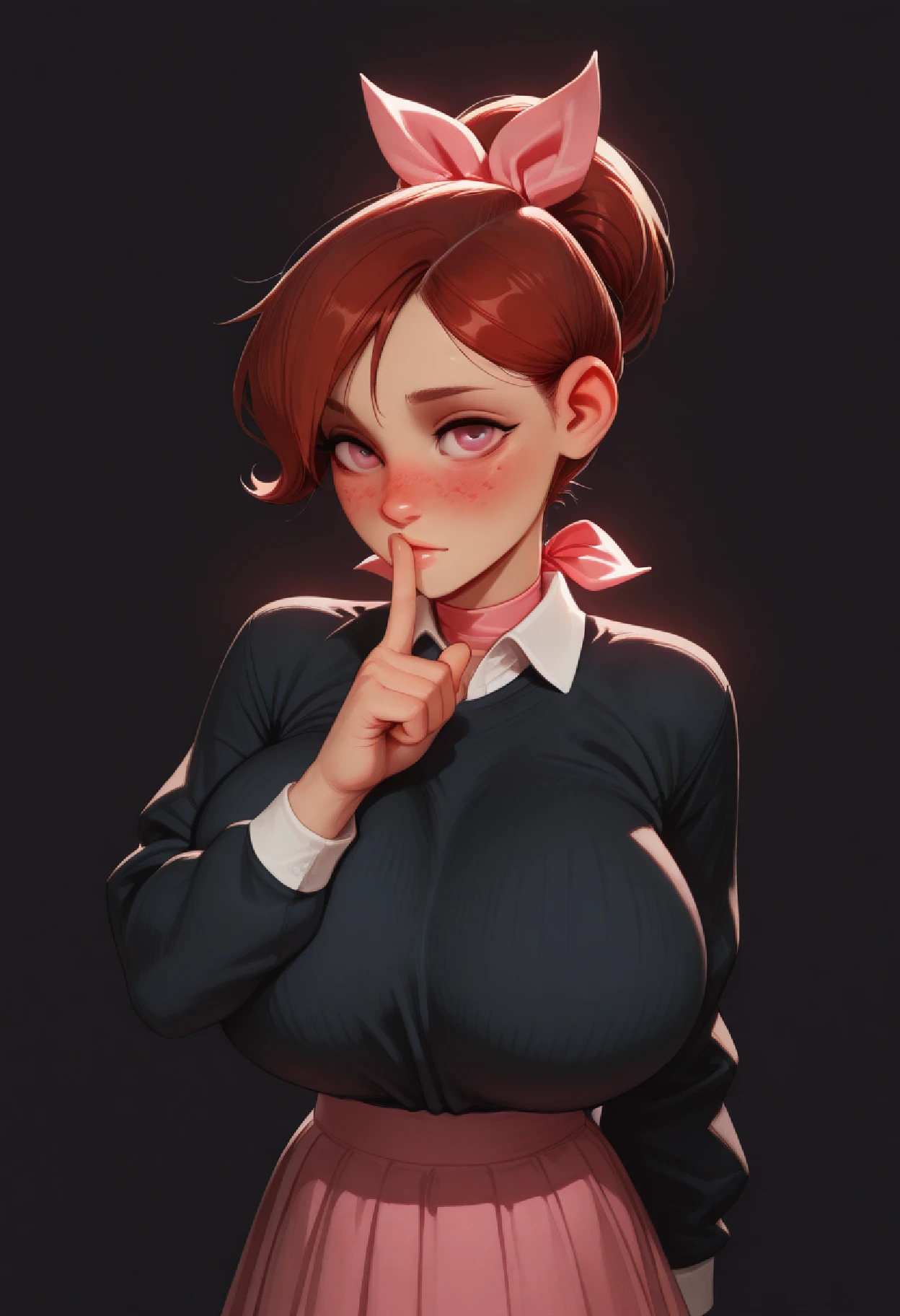 Smooth_Quality IllusP0s style (artist:incase:0.1), (artist:tsuaii:0.1), flat colors <lora:SmoothStyle_Lambda:1> BREAK black_background simple_background solo (solo_focus:1.2) backlighting BREAK <lora:GoldenGirl:1> audrey page brown hair ponytail red_hair brown_hair pink_ribbon hair_ribbon brown_eyes freckles black_sweater white_collared_shirt pink_skirt long_skirt brown_eyes BREAK gigantic_breasts huge_breasts top_heavy skinny petite slim BREAK shushing nose_blush clothes_lift