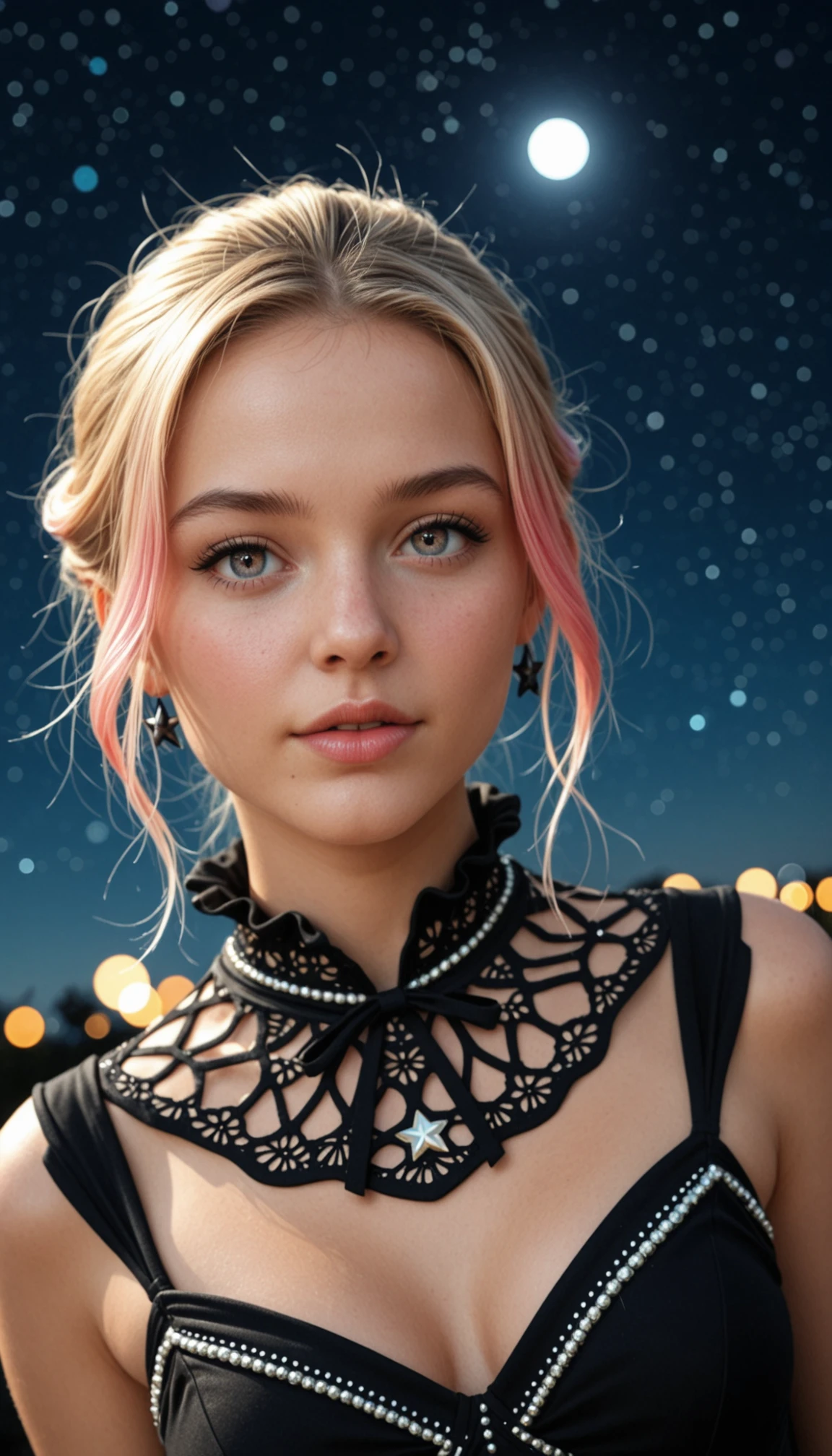 masterpiece, best quality, amazing quality, very aesthetic, high resolution, ultra-detailed, absurdres, scenery, photo, realistic, upper body photo, busty cute girl, gradient hair, blonde hair AND (pink hair:1.2), folded ponytail, gorgeous luxurious fantasy black dress, frilled collar, ultrahigh resolution textures, in dynamic pose, dutch angle, upper body, portrait, close-up, bokeh, star, moon, night, moonlight passing through hair, dutch angle, perfect night, fantasy background, hard light, raw light, BREAK, depth of field, photorealistic details