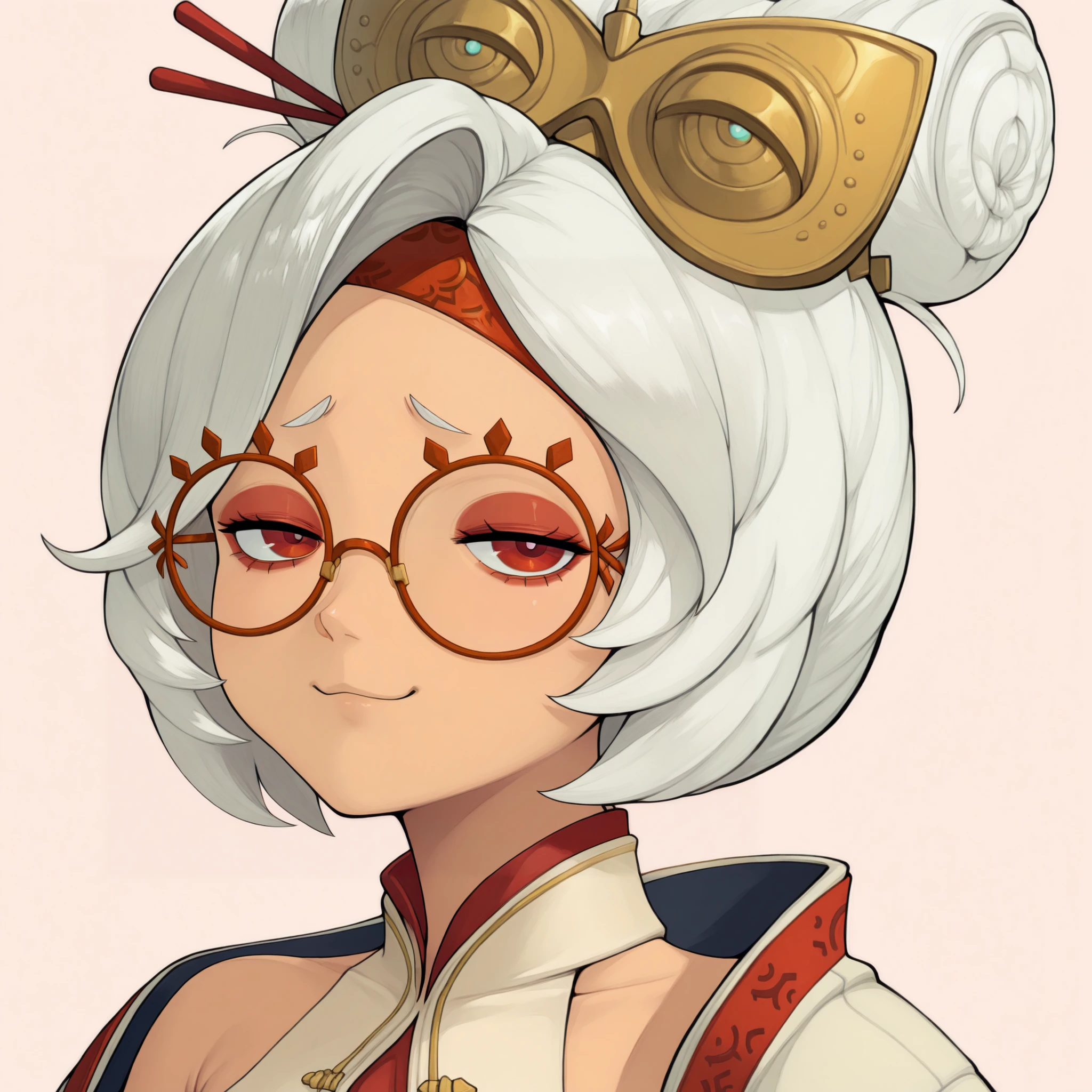 masterpiece, best quality, solo, 1girl, looking at viewer, <lora:Metaphor-portraits-illus_Fp:1>, simple background, portrait, from side, smug, <lora:purah-illu-nvwls-v1:1>, pur4h, white hair, red eyes, hair bun, hair ornament, red headband, red glasses, sleeveless shirt, beige shirt, beige jacket, red trim, open jacket, half-closed eyes,