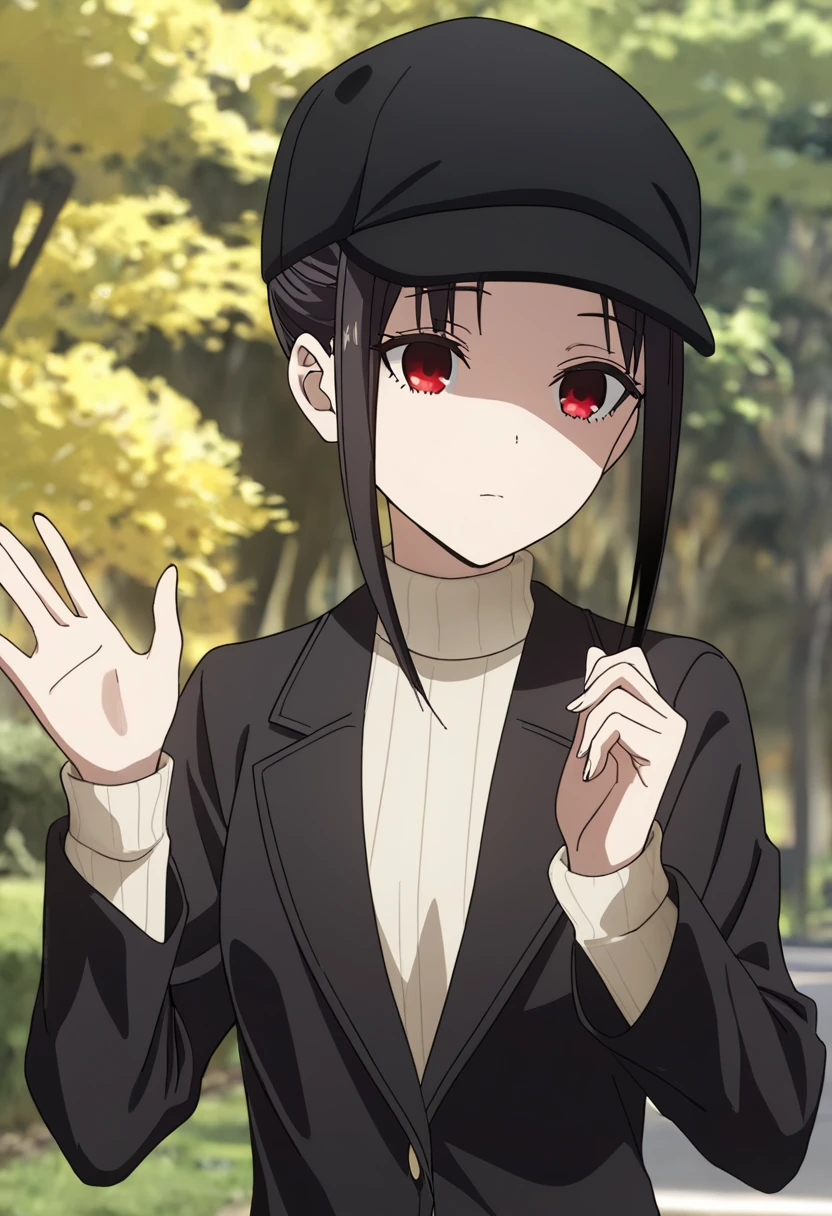 masterpiece, best quality, good quality, very awa, newest, highres, absurdres,outdoors,KaguyaShinomiya-LoveIsWar,
Kaguya Shinomiya \(Love is War\), 1girl, solo, black hair, long sleeves, hat, jacket, sidelocks, sweater, black jacket, hands up, black headwear, turtleneck, parody, ribbed sweater, turtleneck sweater, beanie,
, <lora:Kaguya Shinomiya (Love is War) Illustrious v2:0.8>