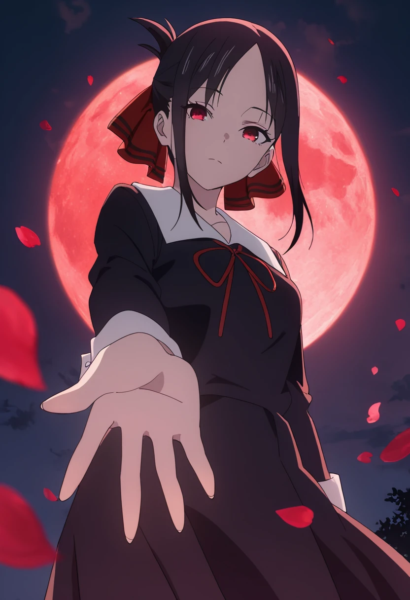 masterpiece, best quality, good quality, very awa, newest, highres, absurdres,outdoors,KaguyaShinomiya-LoveIsWar,
Kaguya Shinomiya \(Love is War\), 1girl, solo, looking at viewer, short hair, bangs, black hair, red eyes, long sleeves, dress, ribbon, closed mouth, school uniform, hair ribbon, sidelocks, sky, black dress, red ribbon, parted bangs, petals, neck ribbon, night, moon, from below, full moon, folded ponytail, outstretched hand, red moon
, <lora:Kaguya Shinomiya (Love is War) Illustrious v2:0.8>
