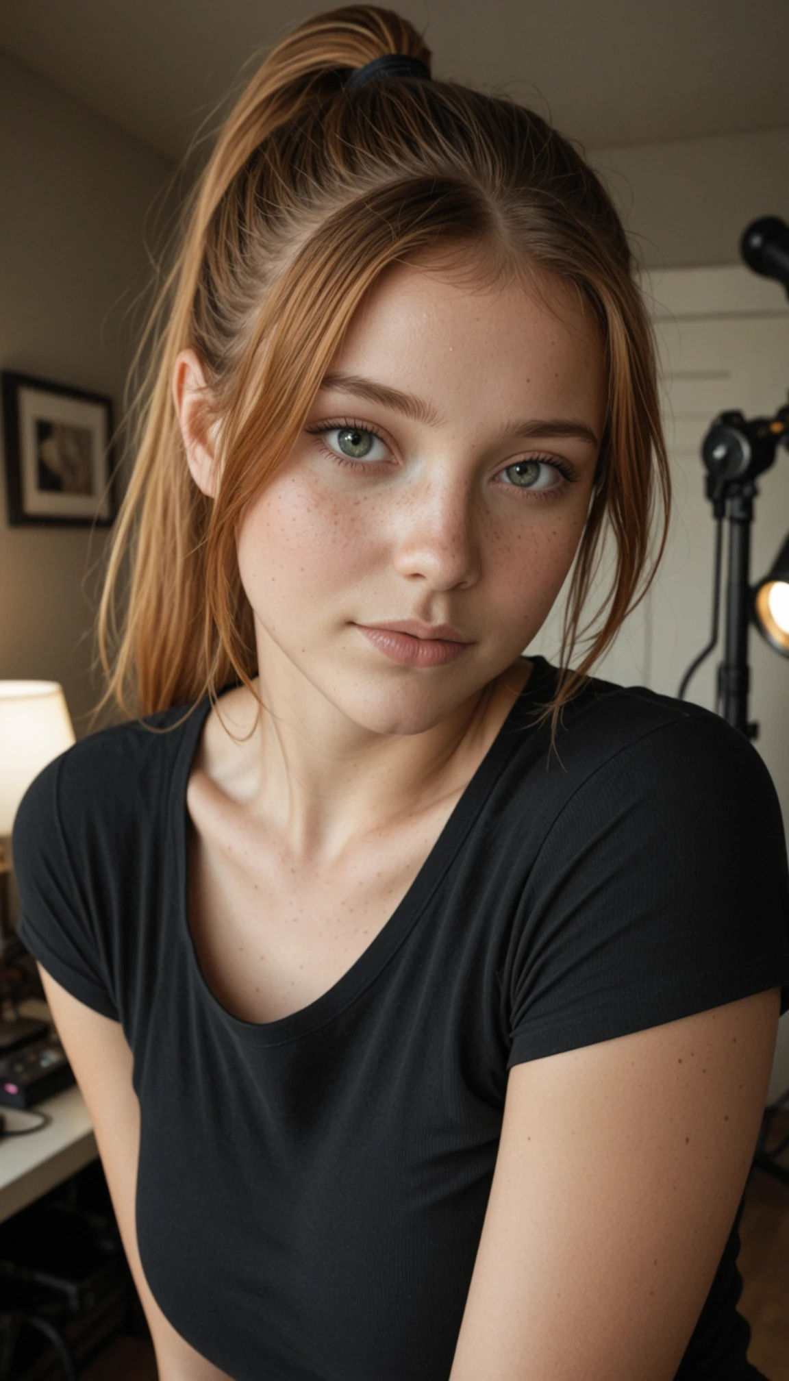 masterpiece, best quality, amazing quality, very aesthetic, high resolution, ultra-detailed, absurdres, scenery, photo, realistic, muted colors, cinematic,a cute girl, freckles, long ponytail ginger hair, green eyes, medium breasts, black shirt,looking at viewer,interior, dutch angle, portrait, studio light, simple background, raw light, BREAK, depth of field, photorealistic details