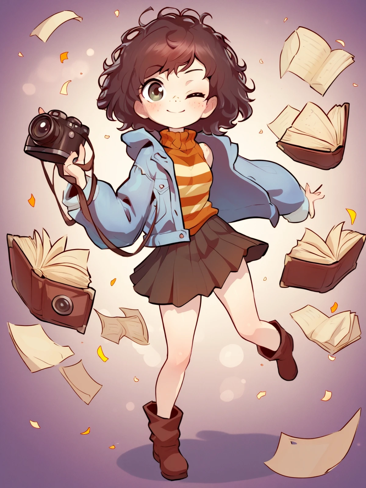 cinematic film still 1girl,solo,2D anime style,(short messy hair:1.1) with pastel streaks,oversized denim jacket,striped turtleneck,pleated midi skirt,(ankle boots:0.9),soft blush,faint freckles,(holding vintage camera:1.1),abstract library background,floating books,paper confetti,monochrome accents,Rodecchi model style,clean lineart,(playful wink:1.05),neutral warm lighting,no explicit details,textured canvas effect,<lora:Rodecchi:1>, . shallow depth of field, vignette, highly detailed, high budget, bokeh, cinemascope, moody, epic, gorgeous, film grain, grainy