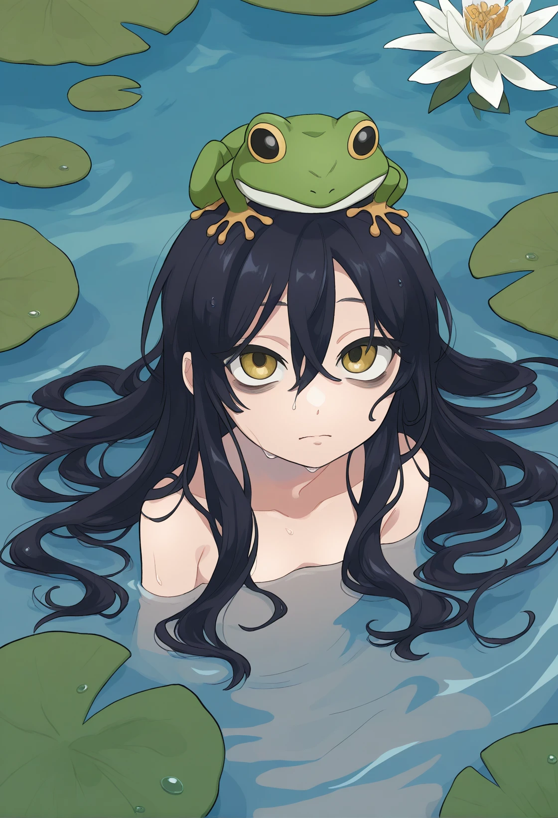 <lora:MCNsZetsuyoO03:1> MCNsZe75uy0O,1girl, long hair, looking at viewer, black hair, hair between eyes, closed mouth, yellow eyes, water, wet, looking up, partially submerged, bags under eyes, on head, frog, lily pad, from above, looking up, outdoors,