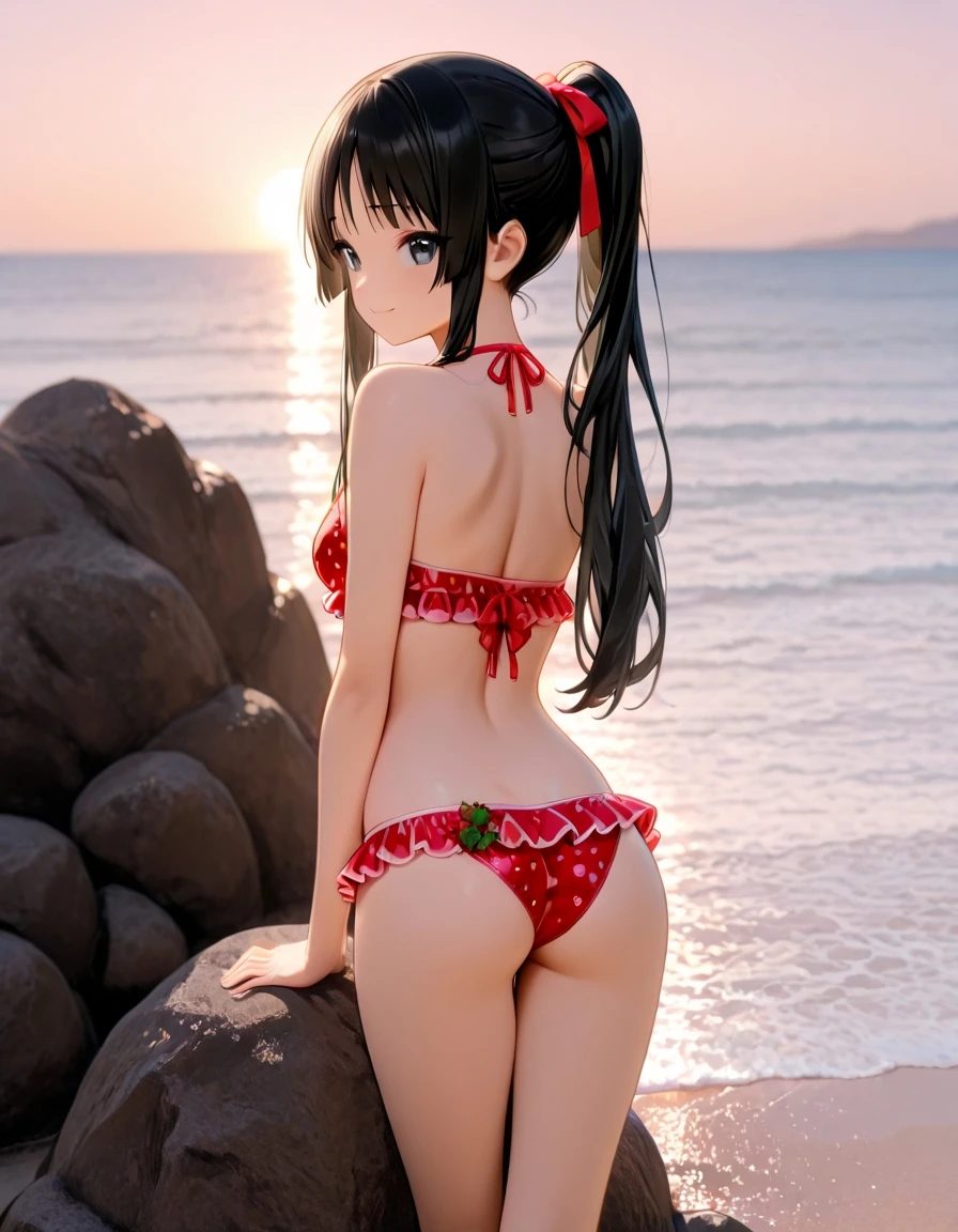 adolescent girl (((young))) naked, sunny beach, (((long black hair)))