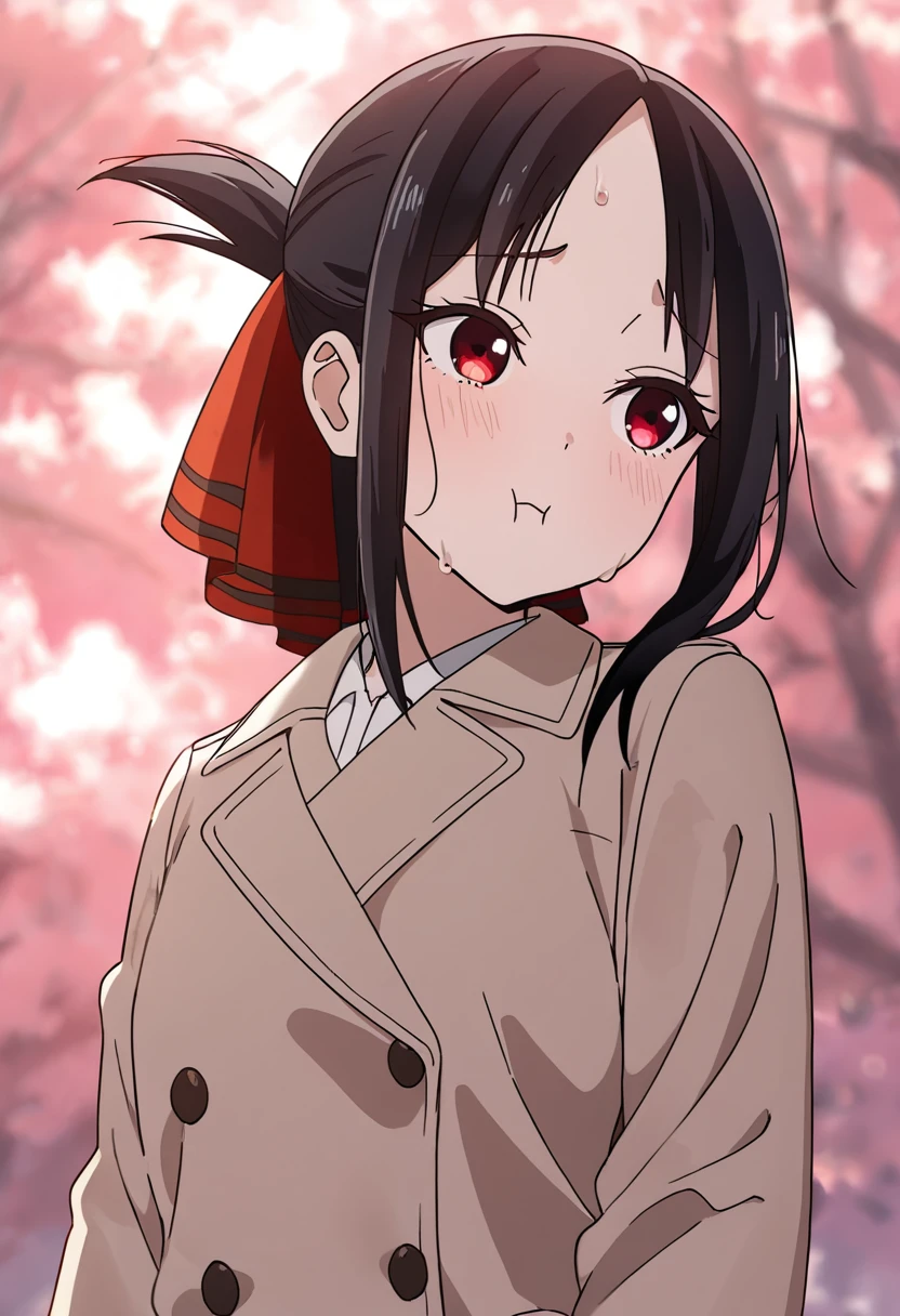 masterpiece, best quality, good quality, very awa, newest, highres, absurdres,outdoors,KaguyaShinomiya-LoveIsWar,Kaguya Shinomiya \(Love is War\), 1girl, solo, blush, bangs, black hair, red eyes, long sleeves, ribbon, closed mouth, hair ribbon, upper body, sidelocks, sweat, red ribbon, coat, parted bangs, looking away, pink background, folded ponytail, :t, brown coat
, <lora:Kaguya Shinomiya (Love is War) Illustrious v3:0.8>