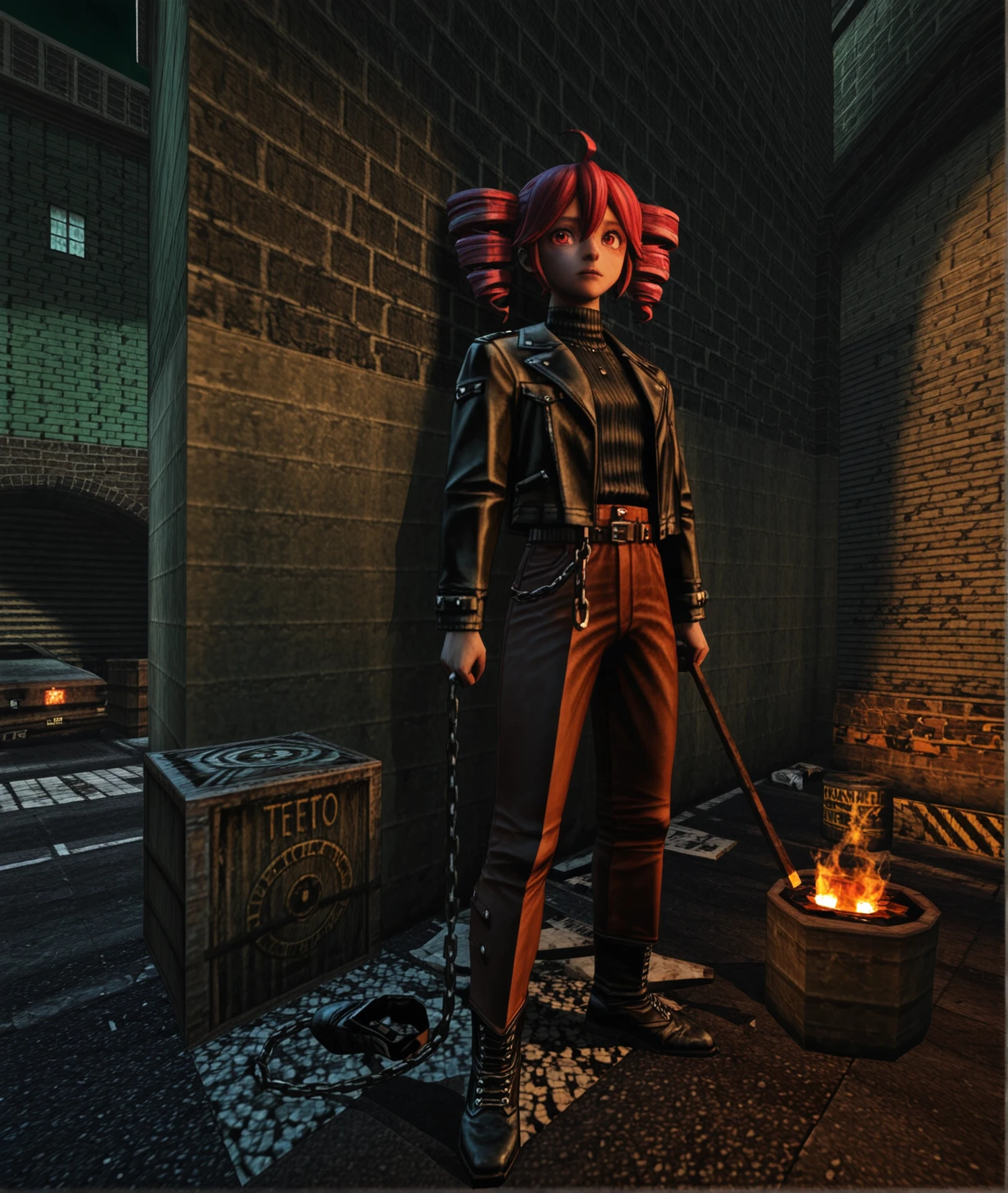masterpiece, best quality, amazing quality, realism, 1girl, solo, (kasane teto, old worn brown leather jacket, black turtleneck, brown pants with chain accessory, black boots:1.4) outdoors, street, night, barrel on fire, trash, litter, underpass, <lora:dmd2_sdxl_4step_lora:1> <lora:Kingpin_-_Life_of_Crime_Style_E17_DIM16_ILXL_V1.2:1.2>