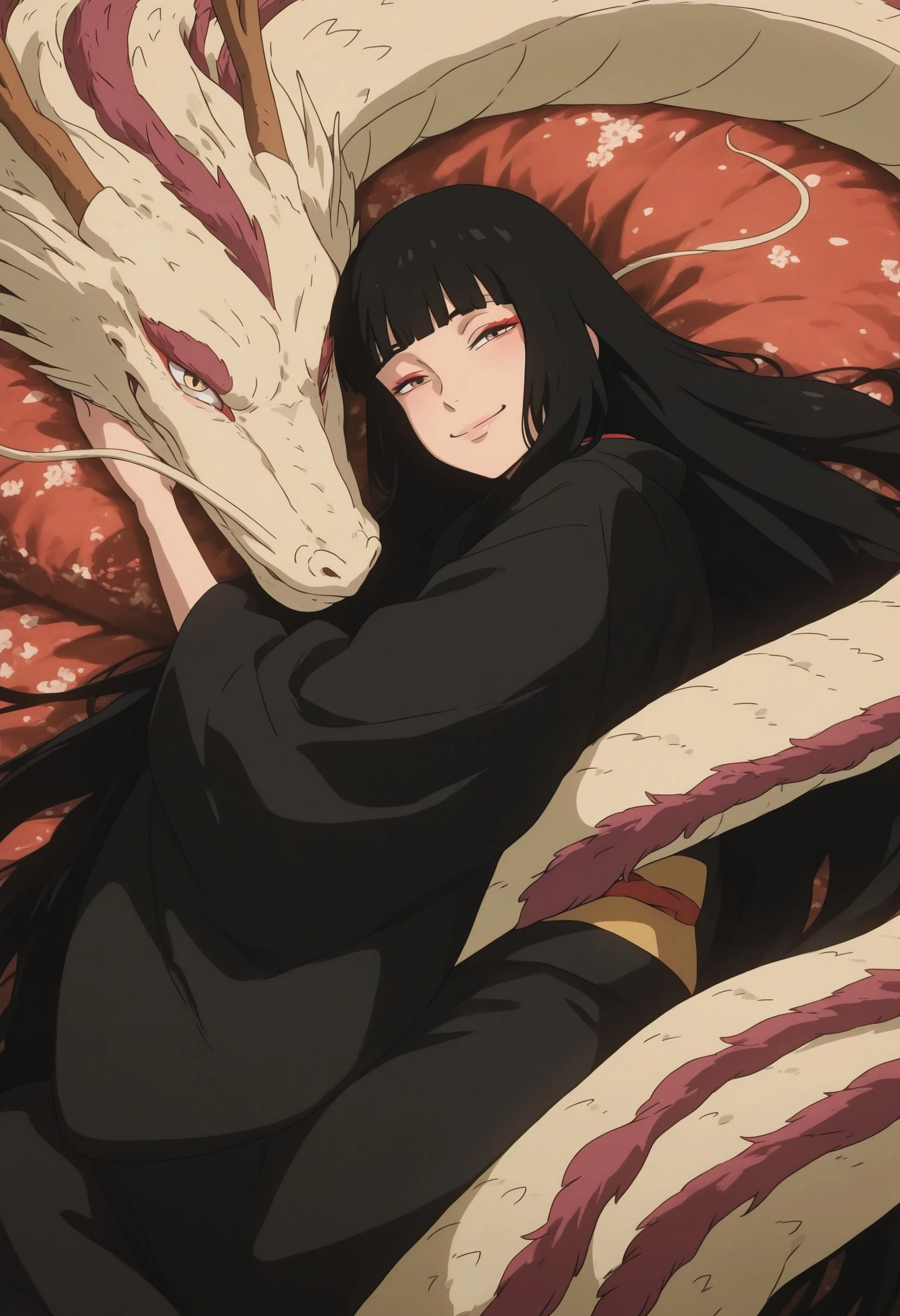 crdhrs2, 1girl, black hair, long hair, dragon, japanese clothes, smile, eastern dragon, kimono, solo, black kimono, bangs, looking at viewer, blunt bangs, masterfully drawn, 4K, amazing quality, aesthetic, details, <lora:f433d27d-5d64-45e4-8805-fb94d21fd6ad:1.0>