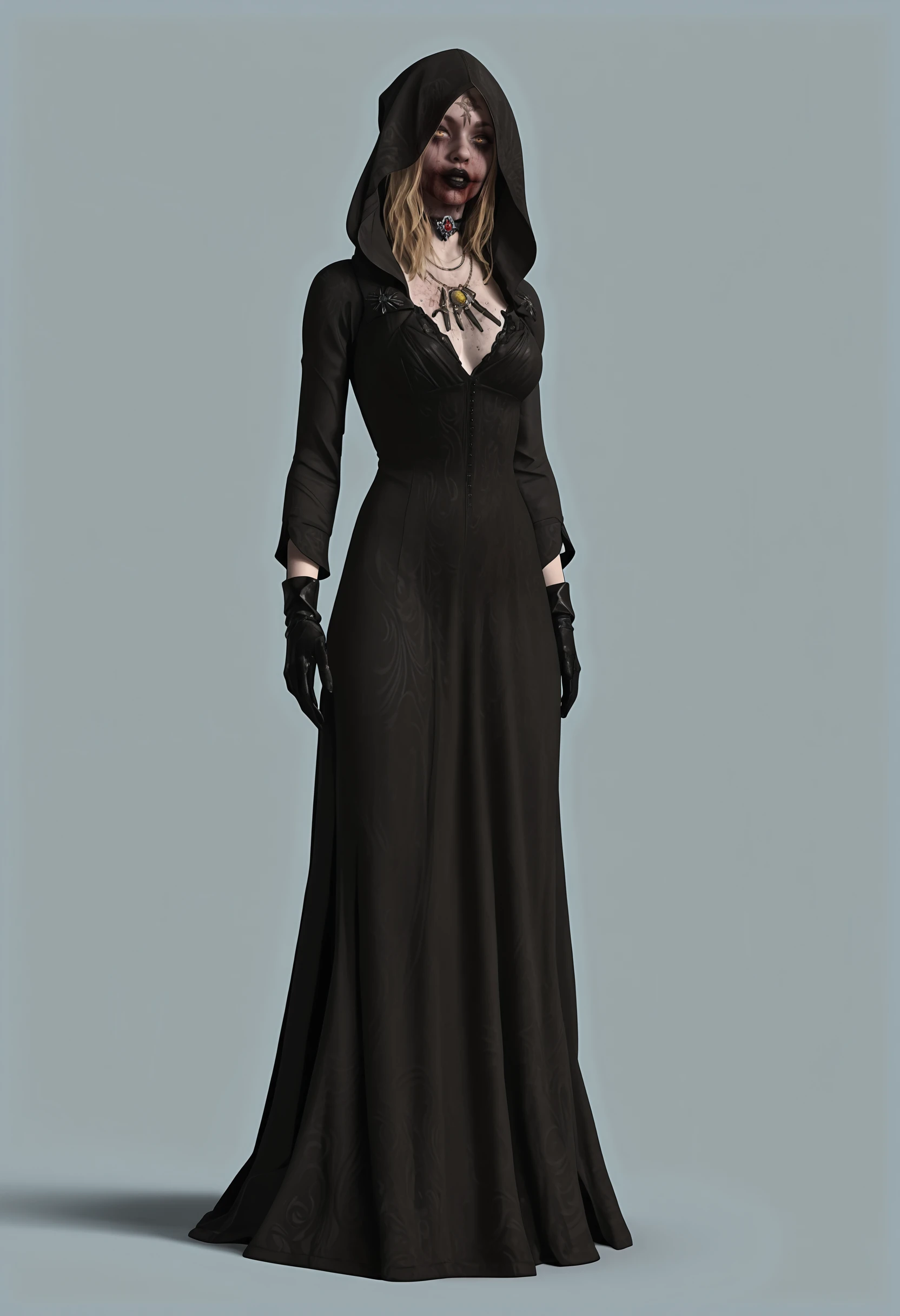 masterpiece, best quality, amazing quality, very aesthetic, absurdres, newest, <lora:BelaDimitrescuILf:1> b3lilf, 1girl, blonde hair, yellow eyes, black lips, forehead tattoo, blood on face, choker, necklace, dress, hood, gloves, full body, standing,
light blue background, simple background,