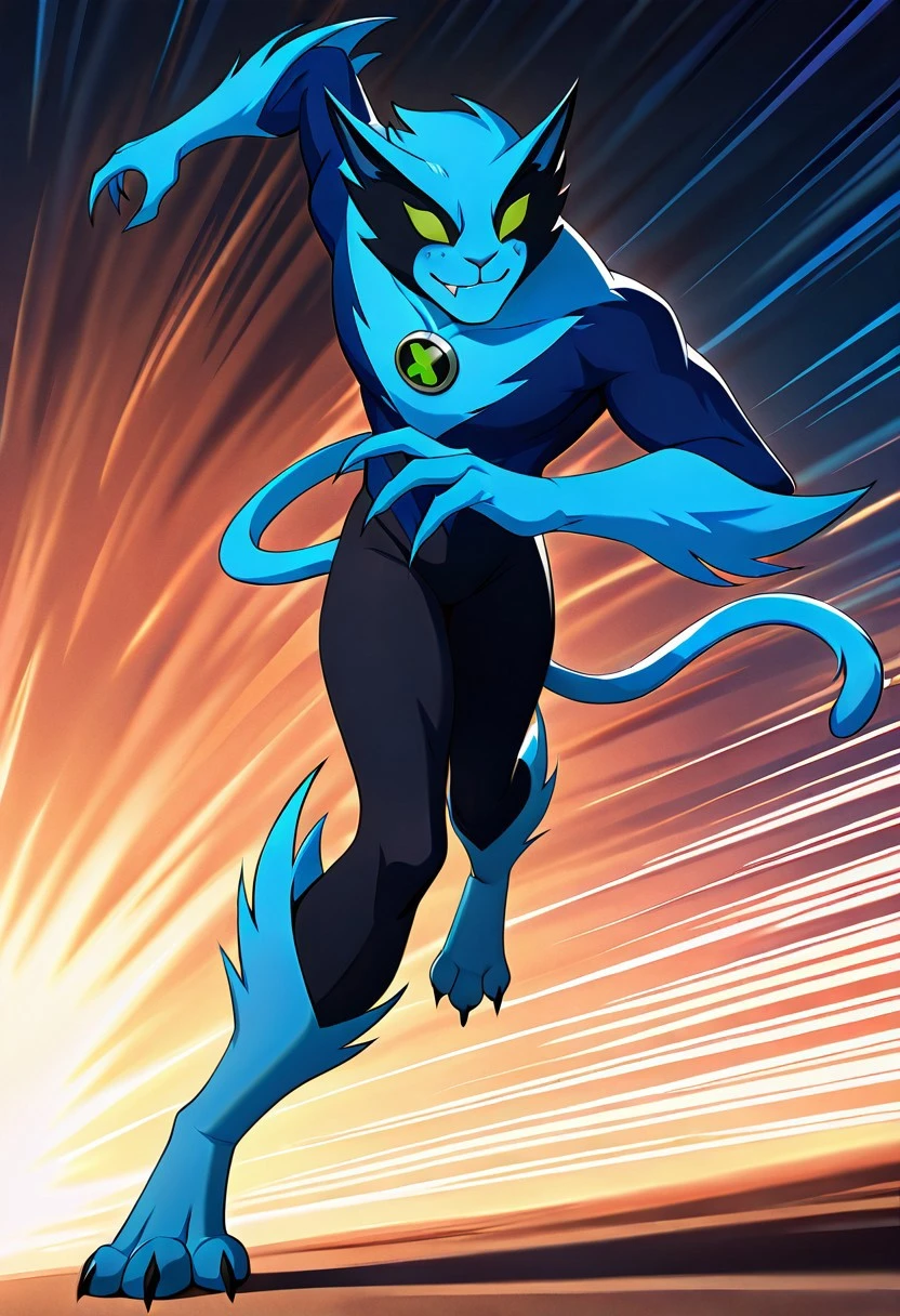 masterpiece, best quality, amazing quality, very aesthetic, absurdres, newest,, detailed background,
digitigrade legs,
fastrack, solo, blue skin, green eyes, claws, green badge, fang,, feline tail, wide jaw, masculine, blue chest,
speed patterns, running trhough city, fast motion, smile