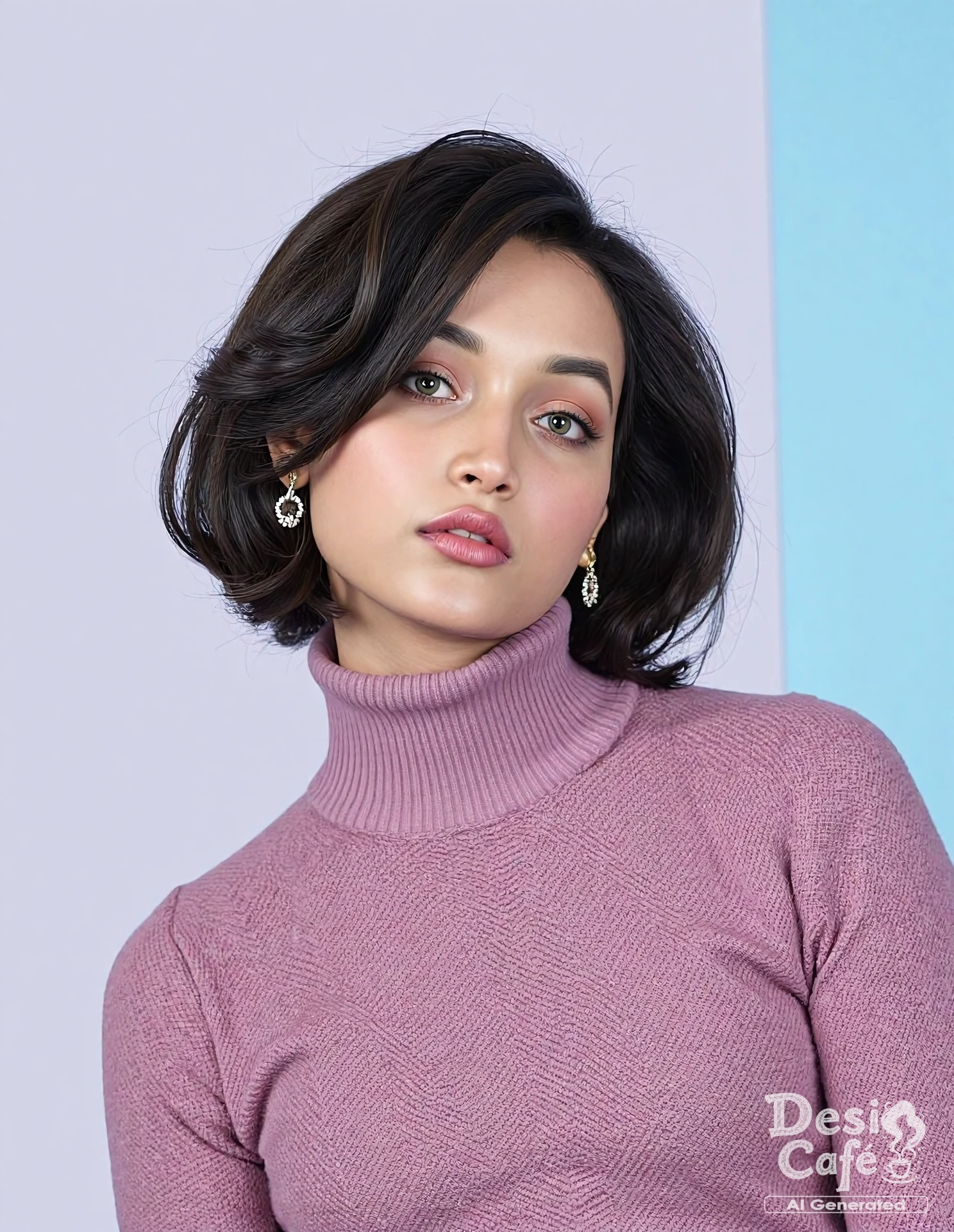 instagram photo of sr1n2dh1 sh3tty woman, hyper realistic photo that is safe for work, studio quality image with natural colors, well dressed wearing intricate turtleneck Mauve turtleneck sweater, hair styled as bob,muted pastel shaded multicolored background that contrasts with the person, cinematic lighting,âââââ âââ<lora:sr1n1dh1_sh3tty_Srinidhi_Shetty_Flux_Kohya_V1:1>âââ