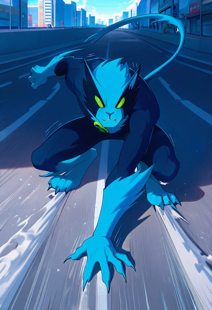 masterpiece, best quality, amazing quality, very aesthetic, absurdres, newest,, detailed background,
digitigrade legs,
fastrack, solo, blue skin, green eyes, claws, green badge, fang,, feline tail, wide jaw, masculine, blue chest,
akira_slide, on ground, crouching, slide, road, city, , speed lines,
