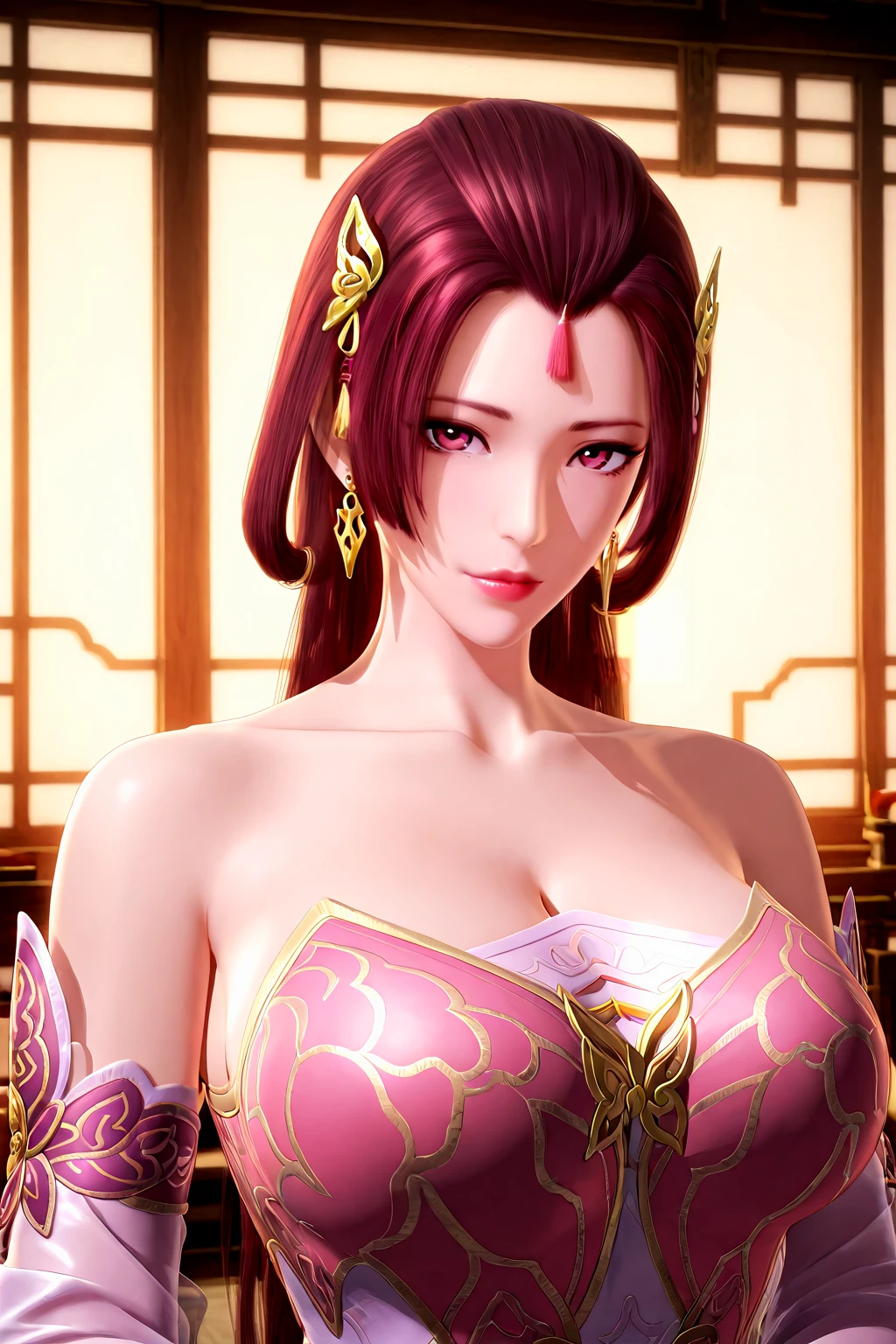 front view,
1girl,mature female,milf,huge breasts,upper body,looking at viewer,
Best quality,masterpiece,soft light,official art,high quality,highres,absurdres,epic scene,natural textures,<lora:Hu Mei Ren IL:1>,hu mei ren,red hair,long hair,brown hair,hair ornament,bare shoulders,jewelry,earrings,forehead ornament,detached sleeves,pink dress,chinese clothes,