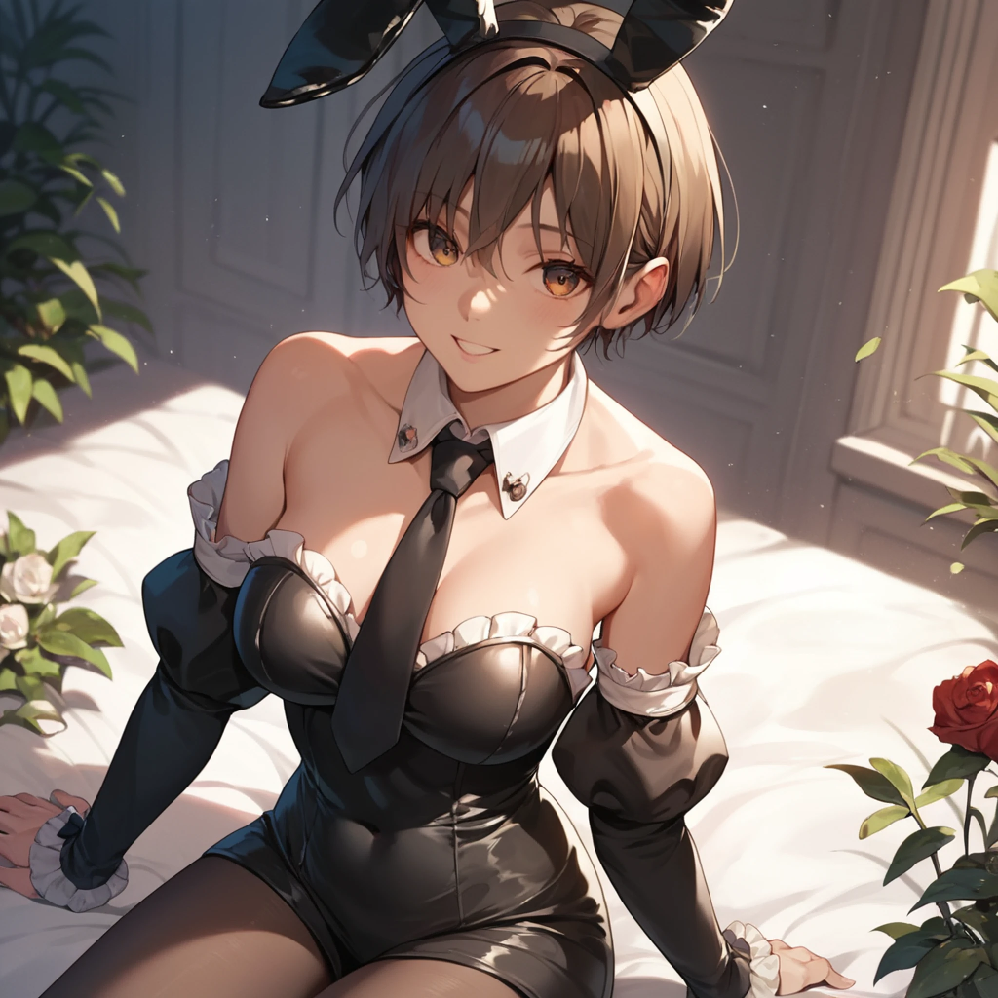 makoto nijima, blunt bangs, braid, brown hair, crown braid, (red eyes:1.3), short hair,, 1girl, solo, breasts, looking at viewer, blush, large breasts, nature, pond, trees, park, long white elbow satin gloves, holding, animal ears, cleavage, bare shoulders, jewelry, very long hair, gentle smile, pantyhose, earrings, rabbit ears, green leotard, fake animal ears, playboy bunny, long white gloves