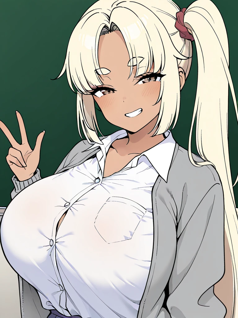 ((sexy girl ,gyaru))nsfw,glamorous, flushed face,blush,blushing, ashamed, bashful, flushed face, stand, forehead, , looking at viewer,stand, very short length white shirts with open chest,very short pleated miniskirt