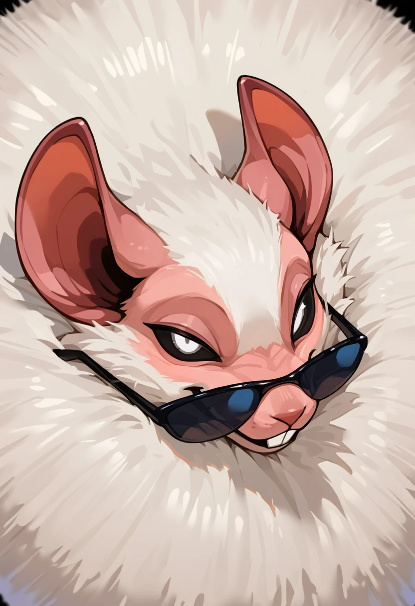 <lora:MH_Paolumu_a1_13_NoobXL-eps:1>,<lora:EatSleep1111StyleSDXL11:0.7>,<lora:merrytailSDXLstyle:0.3>,eatsleep1111,merrytail,masterpiece,best quality,amazing quality,high quality,very aesthetic,absurdres,newest,shaded,digital media \(artwork\),depth of field,solo,mhplmu,feral,white eyes,black sclera,(neck tuft:1.3),buckteeth,white fur,sunglasses,headshot portrait,close-up,closed smile,