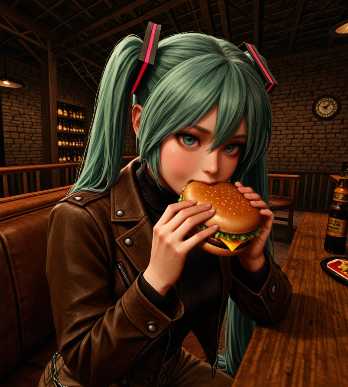 kingpin, realistic, masterpiece, best quality, amazing quality, realism, hyperrealistic, cinematic lighting, extreme close-up, upper body, hatsune miku, solo, leaning on metal railing, intense expression, confident eyes, old worn brown leather jacket, black turtleneck, brown pants with chain accessory, black boots, bar (place), brick wall, wooden interior, wooden table, old worn out leather sofa, eating burger, <lora:dmd2_sdxl_4step_lora:1> <lora:Kingpin_-_Life_of_Crime_Style_E17_DIM16_ILXL_V1.2:0.8>