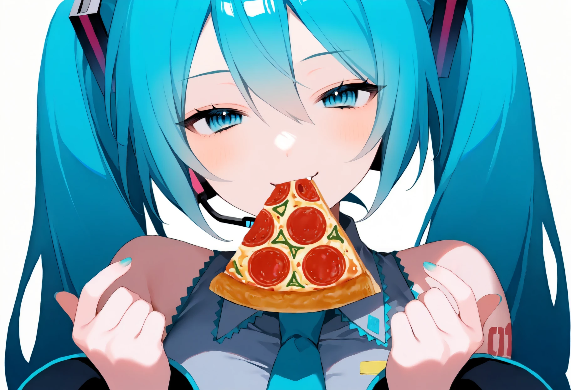 masterpiece, best quality, high quality, hakaridance, simple background, white background,
1girl, hatsune miku, aqua hair, aqua eyes, twintails, grey shirt, detached sleeves, necktie, hair ornament,
upper body, half-closed eyes, looking at viewer, smile, smirk, hands up, food in mouth, pizza slice, <lora:hakari_dance-14-Noob-EPS1.1-FUCK-THE-FP16:1>