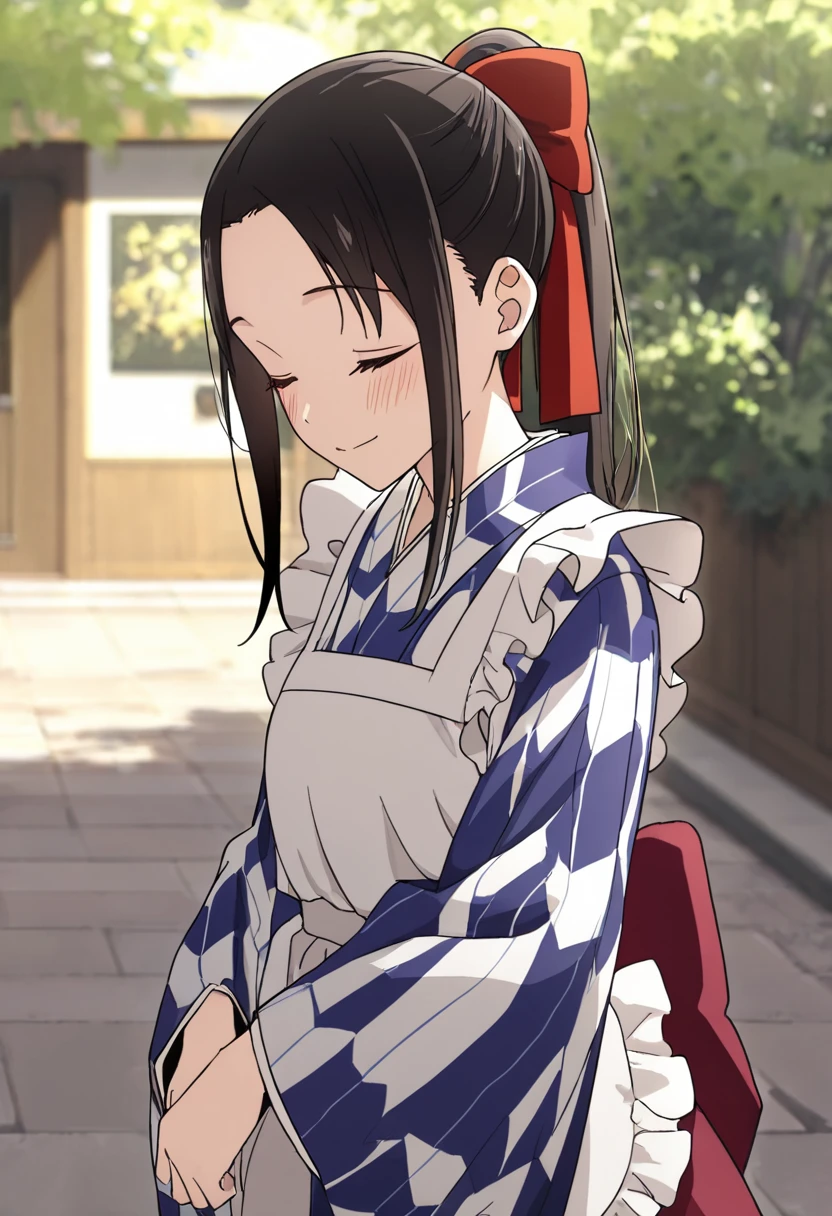 masterpiece, best quality, good quality, very awa, newest, highres, absurdres,outdoors,KaguyaShinomiya-LoveIsWar,
Kaguya Shinomiya \(Love is War\), 1girl, solo, long hair, blush, smile, skirt, black hair, long sleeves, bow, ribbon, closed mouth, closed eyes, ponytail, hair bow, sidelocks, frills, japanese clothes, wide sleeves, kimono, apron, red bow, white apron, maid apron, wa maid
, <lora:Kaguya Shinomiya (Love is War) Illustrious v2:0.8>