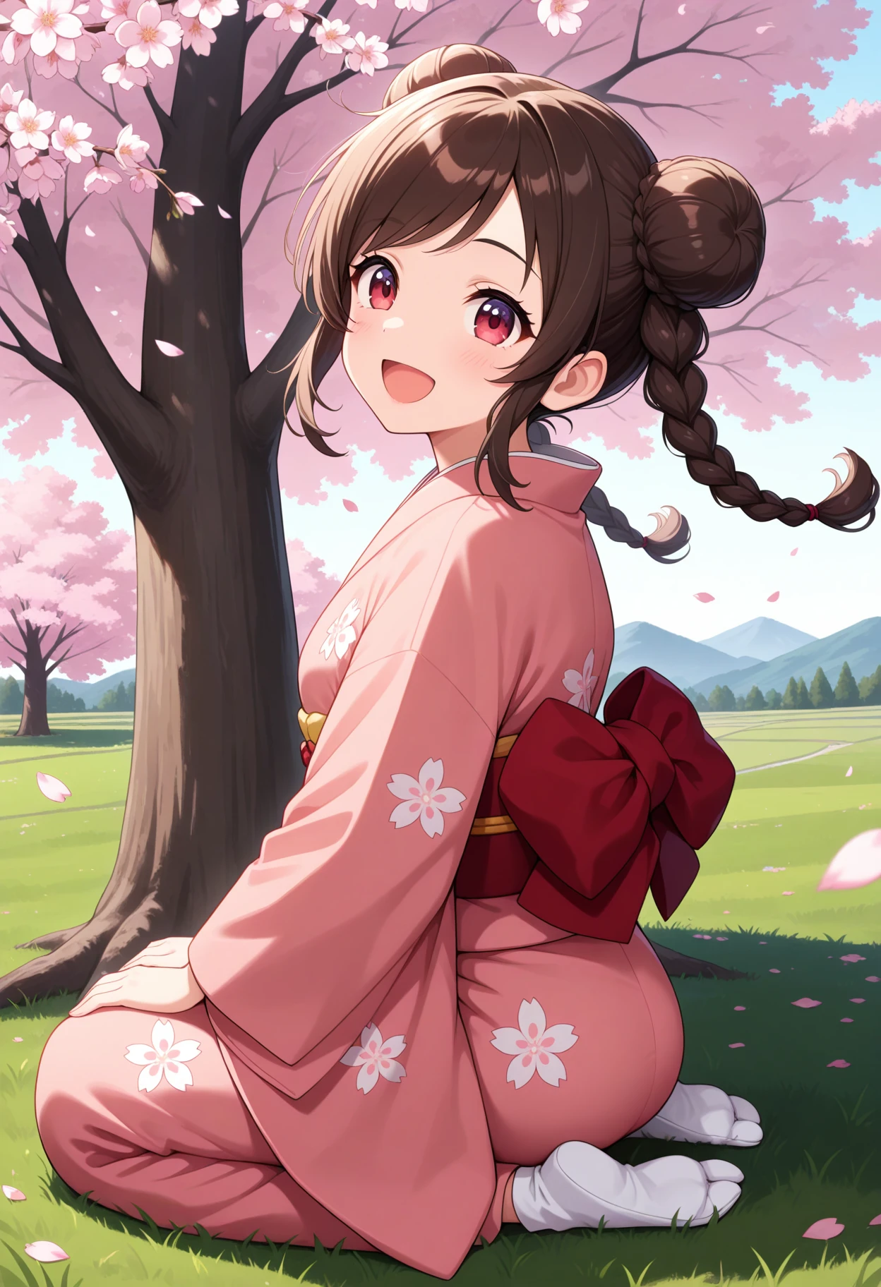 masterpiece, best quality, absurdres, very aesthetic, general, BREAK
A girl is sitting in seiza position in a meadow full of cherry blossoms in full bloom. She is wearing a pink kimono with a floral pattern and white socks. Her eyes are red, hair is brown and has two buns and two pigtails. She looks up at the cherry blossom tree. She is smiling with her mouth open. Her hair is blowing in the wind, petals flying. BREAK
1girl, solo, twin braids, :d, eyebrows visible through hair, happy, portrait, day, eyelashes, shiny hair, low twintails, swept bangs, light blush, sidelocks, double bun, sitting, seiza, from side, tabi, no shoes,