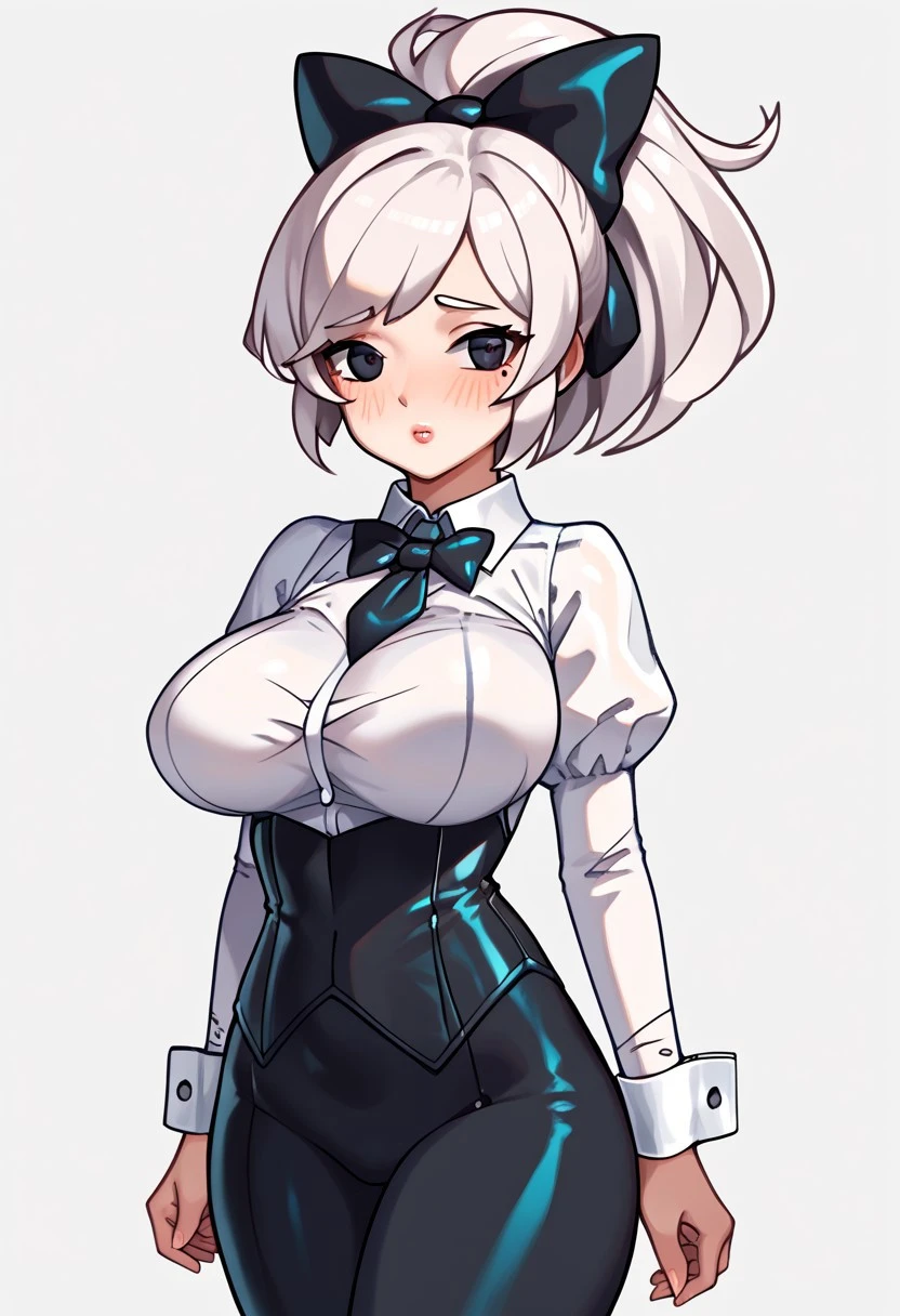 score_9, score_8_up, score_7_up, score_6_up, score_5_up, score_4_up, source_anime, <lora:confetti-extract- ponyxl:0.85>, detailed eyes, easynegative, rating_explicit, Expressiveh, 1girl, solo, ecchisage, shy, blush
Geraldine, shirt, long sleeves, white shirt, white hair, ponytail, sidelocks, thighs, hair bow, collared shirt, pants, puffy sleeves, bowtie, black eyes, wrist cuffs, black bow, dress shirt, swept bangs, black pants, high ponytail, juliet sleeves, black bowtie, sleeve cuffs, traditional bowtie, necktie, big breasts,